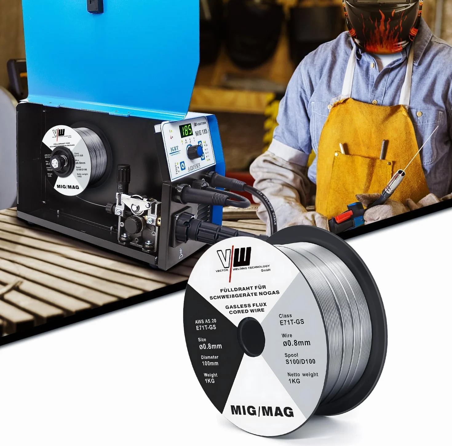 VECTOR WELDING Filo Animato E71T-GS 0,8mm 3KG Bobina MIG MAG D100 Saldatura Universale