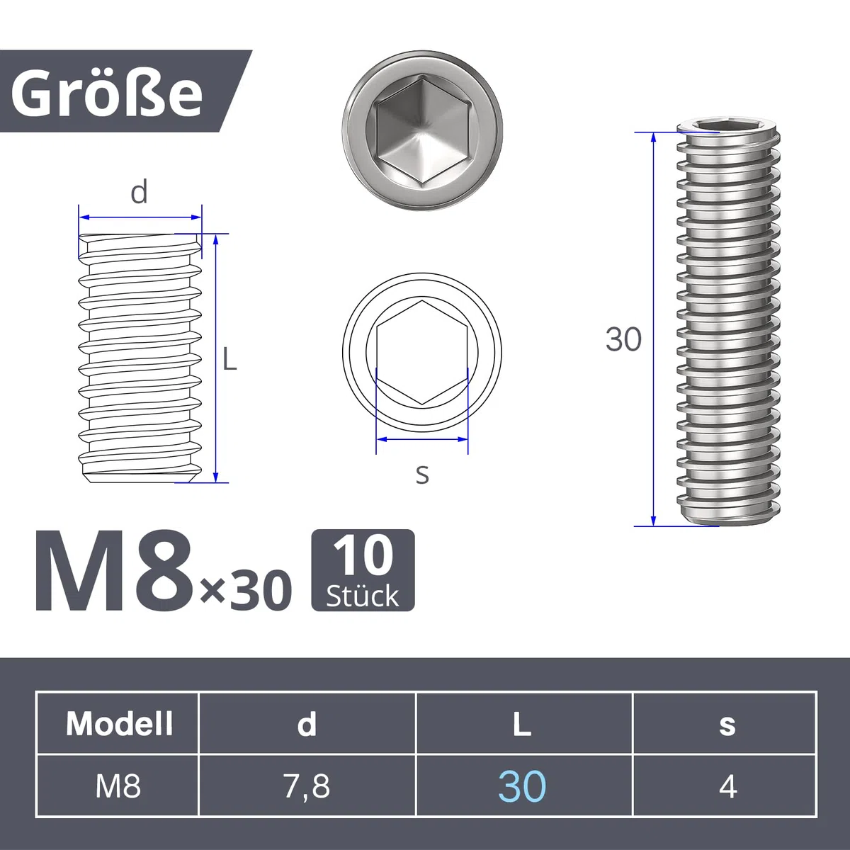 ORTAVA 10 viti senza testa, viti filettate M8 x 30 mm, DIN 913/ISO 4026 con esagono incassato (ISK) e tappo conico, vite senza testa in acciaio inox (argento)