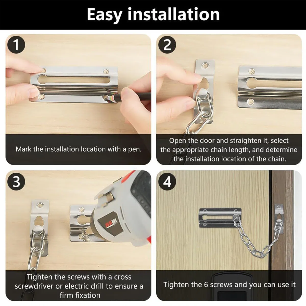 4 serrature a catena in acciaio inox, per porte anteriori, resistente, antifurto, limitatore interno per porte, balconi, residenze, camere da letto, armadi, finestre, motel, argento