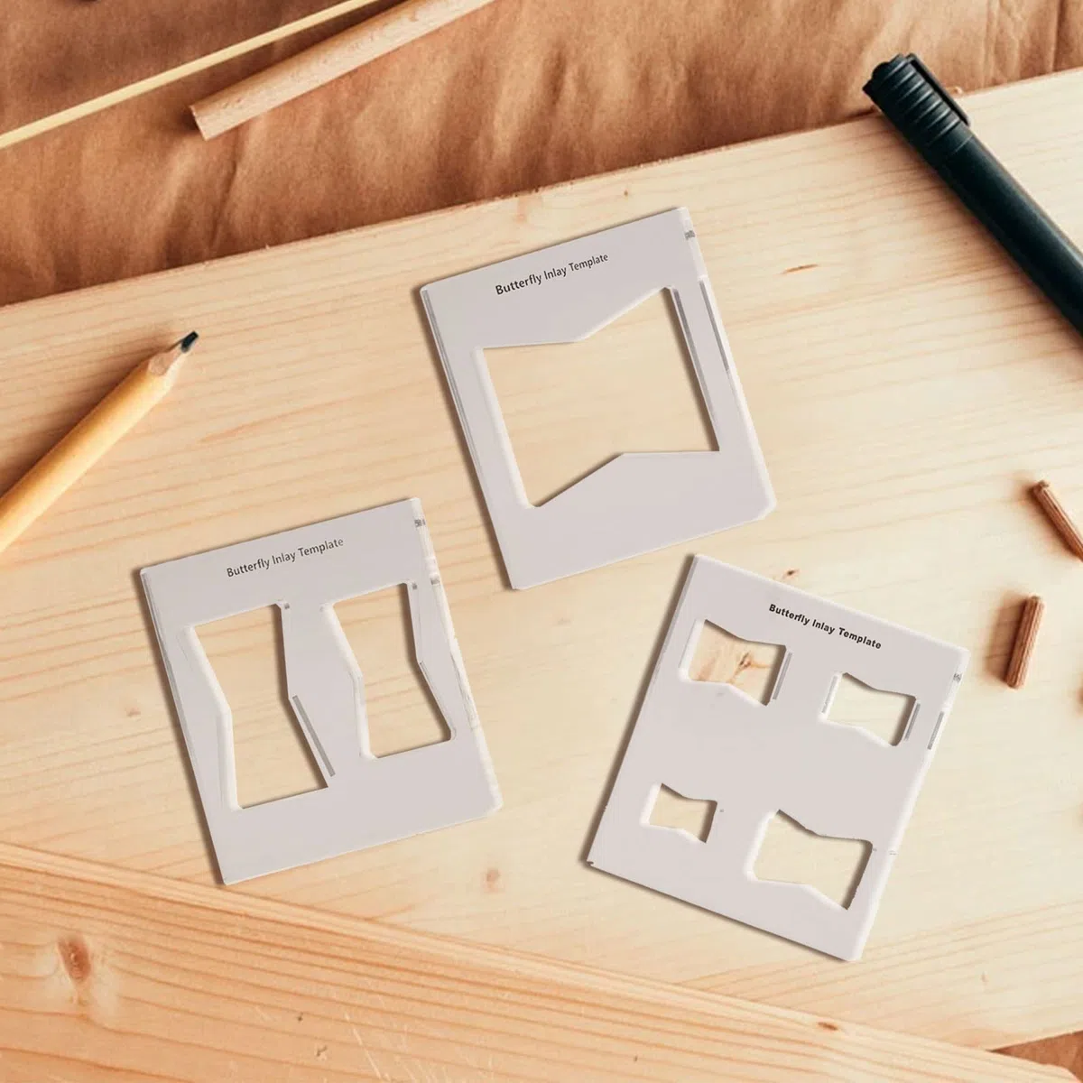 Set di 3 modelli decorativi per lavorazione del legno, motivo farfalla e chiave, 7 in 1, per papillon decorativo