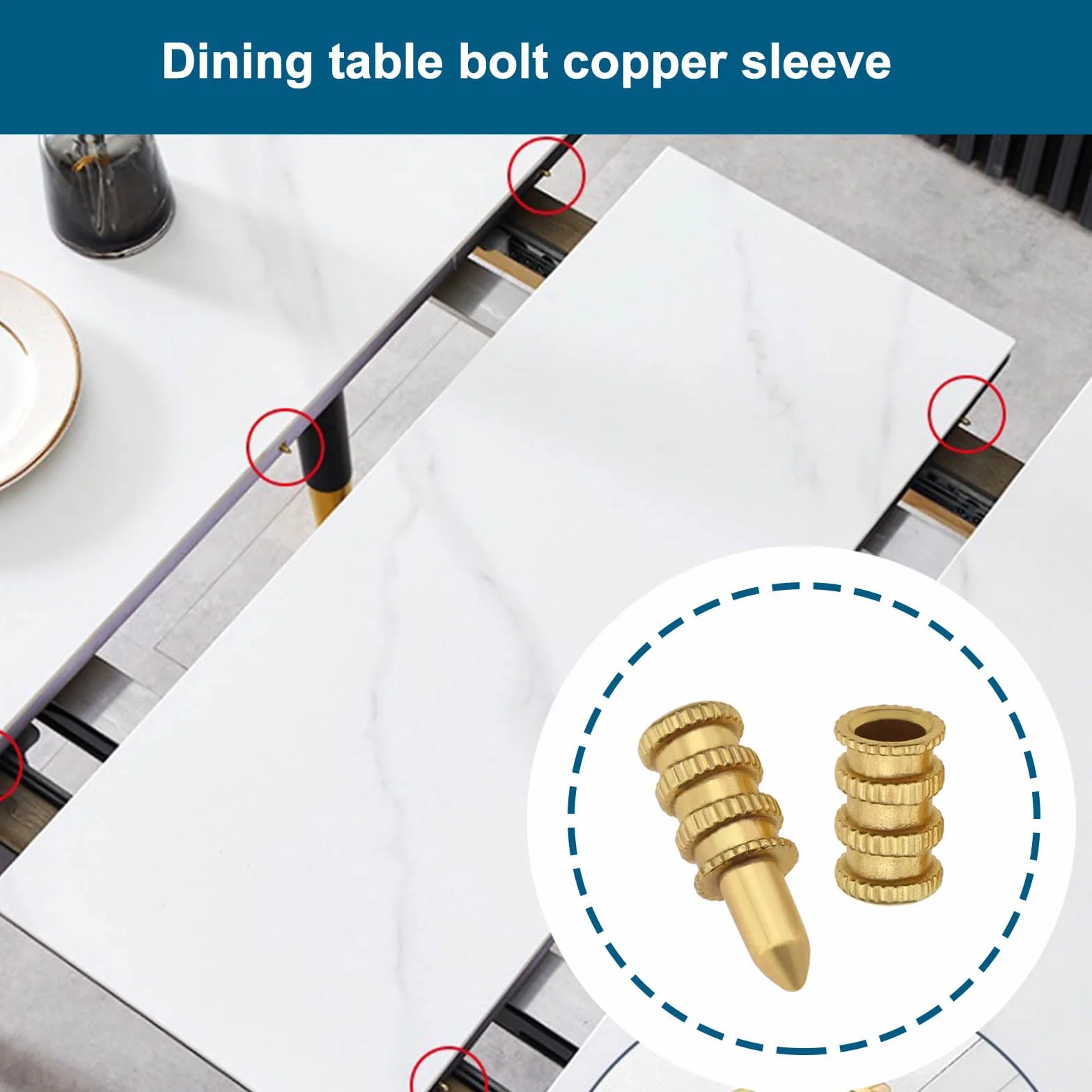 20 connettori a manicotto per bulloni da tavolo, set di punte di precisione in rame, per tavolo da pranzo, perni per tasselli per mobili in legno, armadietti, sedie da tavolo, 8 x 28 mm