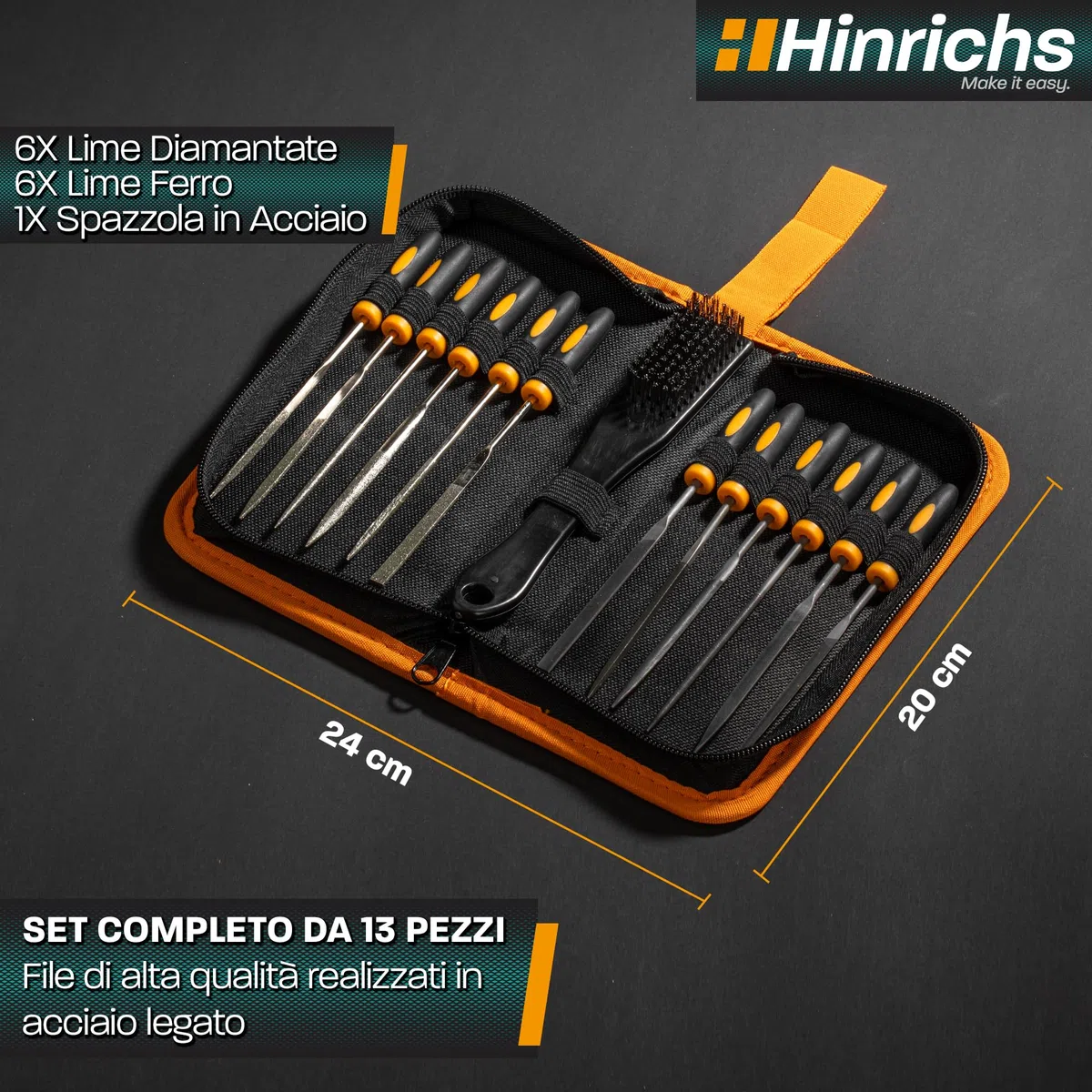 Hinrichs Set Lime Metallo e Legno 13 Pezzi - Include Custodia - 6 Lime Diamantate, 6 Lime Ferro, 1 Spazzola in Acciaio - Set di Lime Modellismo, Set di Mini Lime, Set di Lime Legno, Raspa per Legno