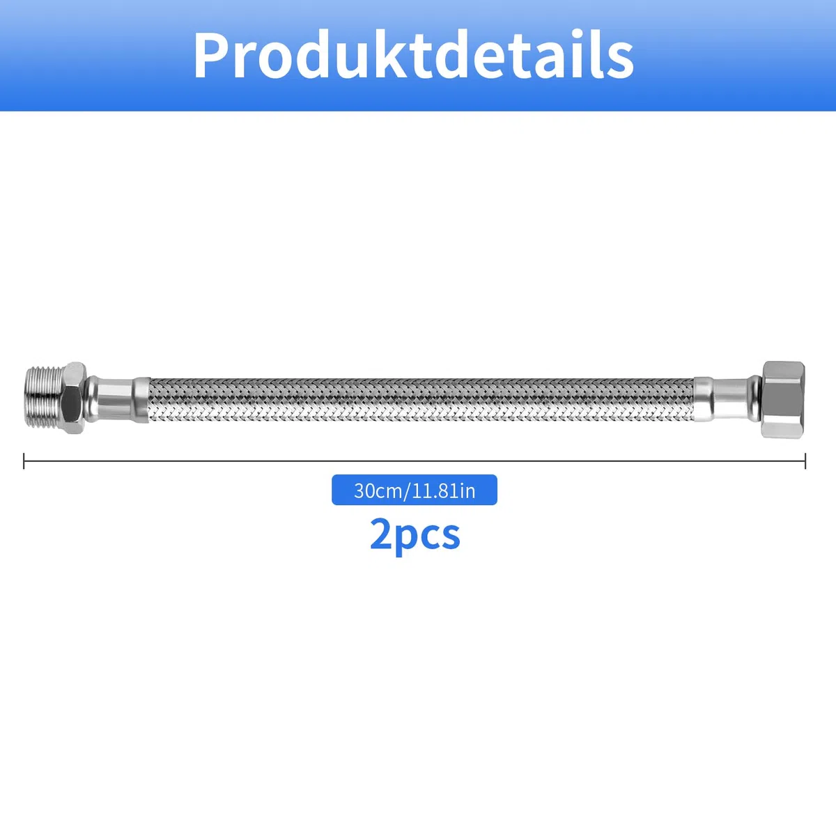 2 tubi flessibili da 3/8 pollici (60 cm: 30 + 30 cm), tubo corazzato in acciaio inox 304 con filettatura/filettatura esterna, flessibile per rubinetto, valvola angolare, cassetta di