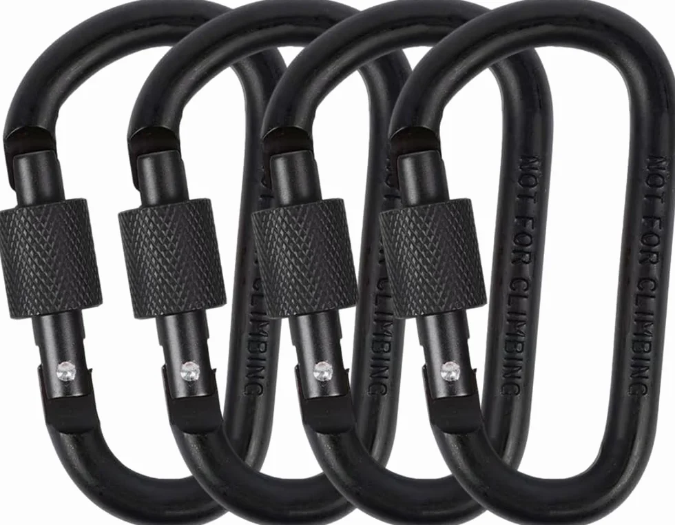 4PCS Piccolo Moschettone Nero - Clip per Mousqueton con Bloccaggio con Anello a D con Chiusura a Vite Clip per Moschettone in Lega di Alluminio Gancio per Portachiavi, Zaino, Portachiavi