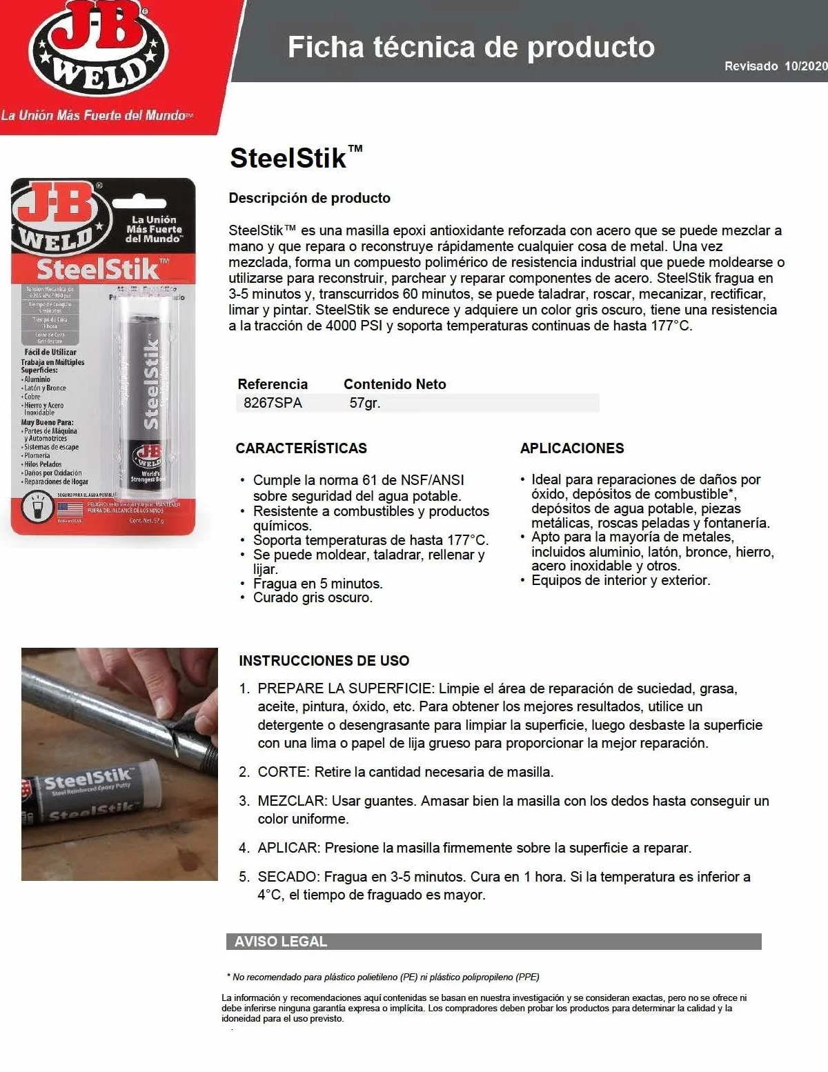 J-B Weld 8267SPA - Barretta per metallo - Mastice riparatrice - Bicomponente - Molteplici superfici - 57g