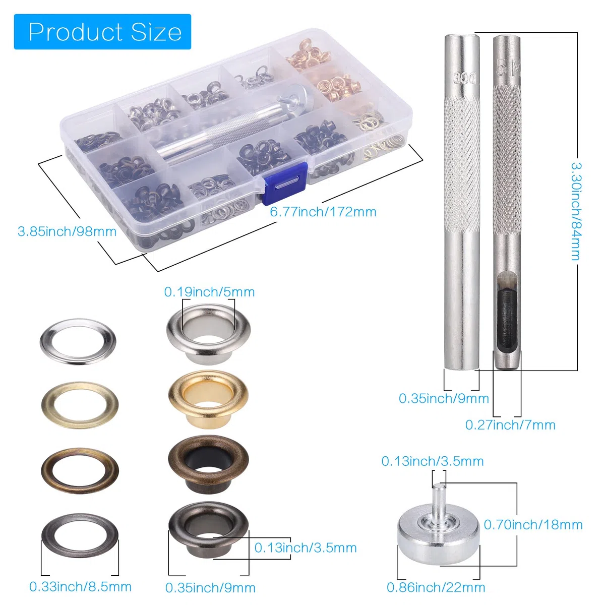 Zocipro 400Pcs Occhielli per Teloni, Occhiello Strumento con Strumenti di Installazione, Kit Occhielli Metallo per Tende Teloni Borse Scarpe Abbigliamento (Diametro interno 5 mm)