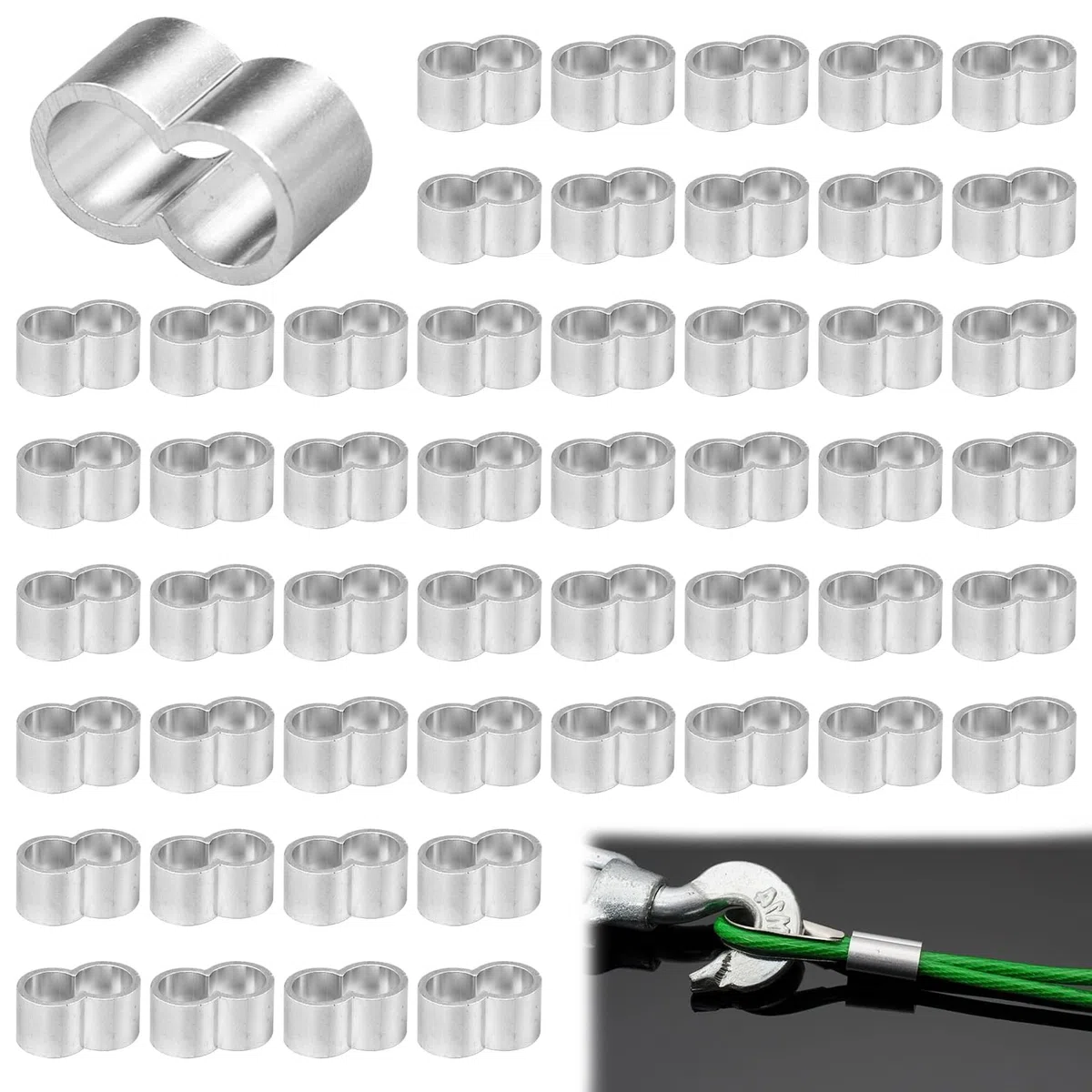 50 Pezzi Morsetti in Alluminio d'Argento Doppio Manicotto in Alluminio Manicotti Alluminio Morsetto Maniche Ghiere in Alluminio per 8 mm Fune Metallica, Fissare Cavi, Corde