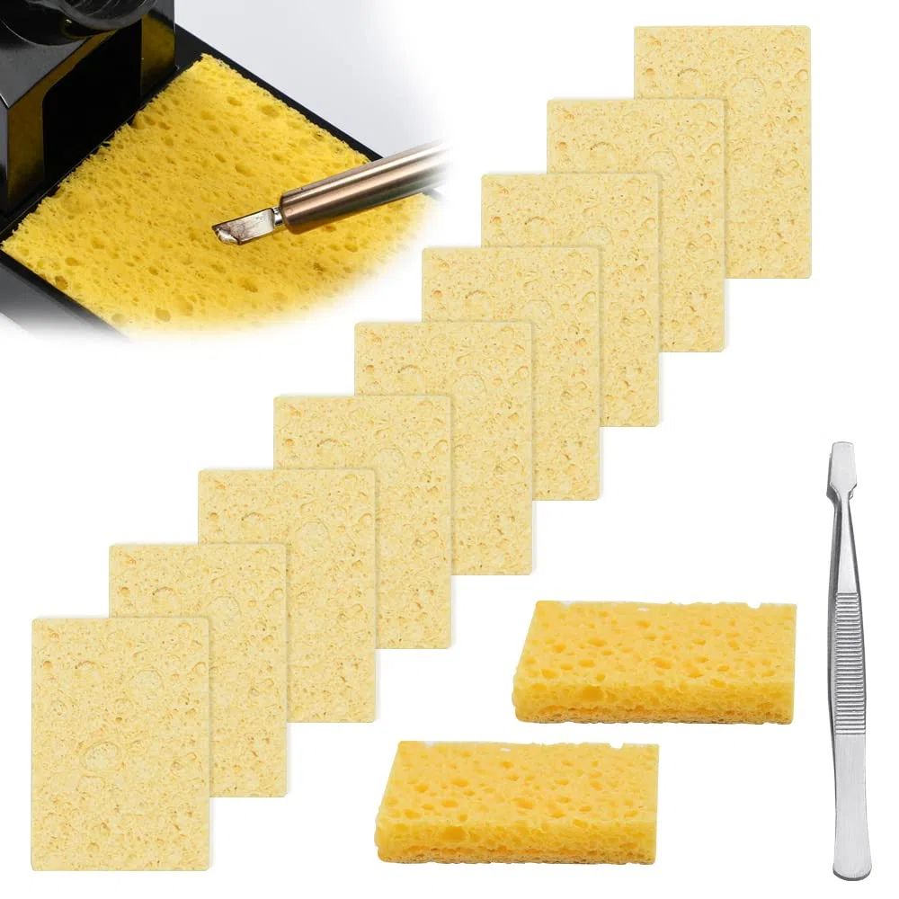 50 Pz Spugna Saldatore per Pulizia Punta Saldatore Spugna Pulizia Saldatura Detergenti per Spugne Pulizia Saldatura Giallo con Pinzette Spugna per Pulire le Punte del Saldature