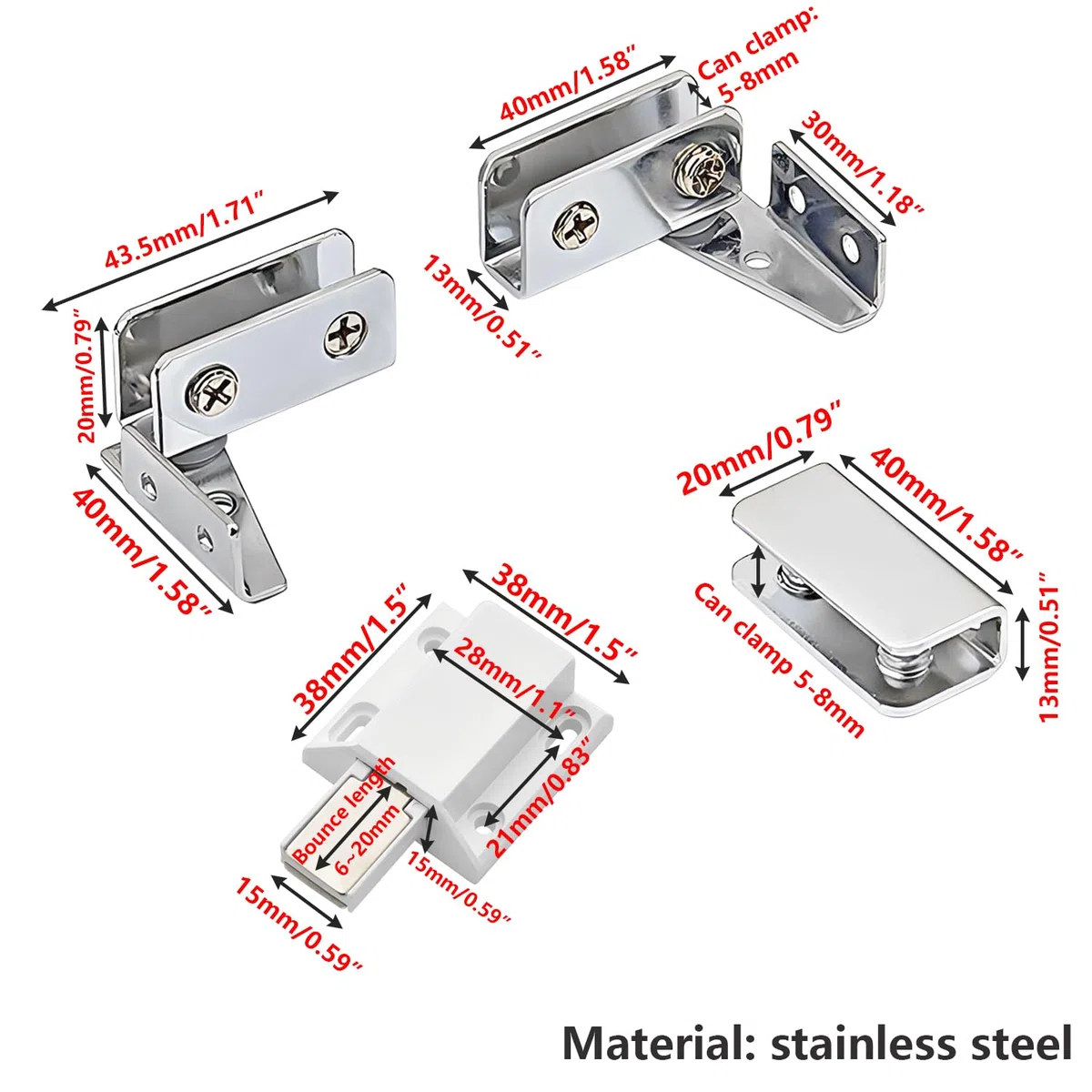 1 Set Cerniere per Porte in Vetro, Morsetti in Vetro, Supporto Laterale, per Porte di Spessore 5-8mm