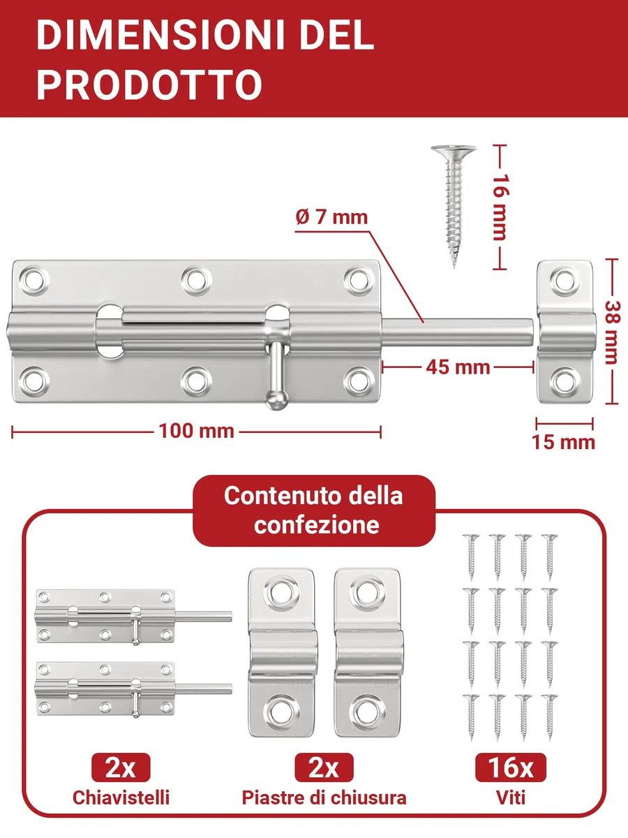 LouMaxx Set di 2 Chiavistelli per Porte - Catenaccio Porta 38x100 mm - Viti Incluse – Chiavistello di Sicurezza – Serratura Porta Interna - Bullone – Serratura di Sicurezza