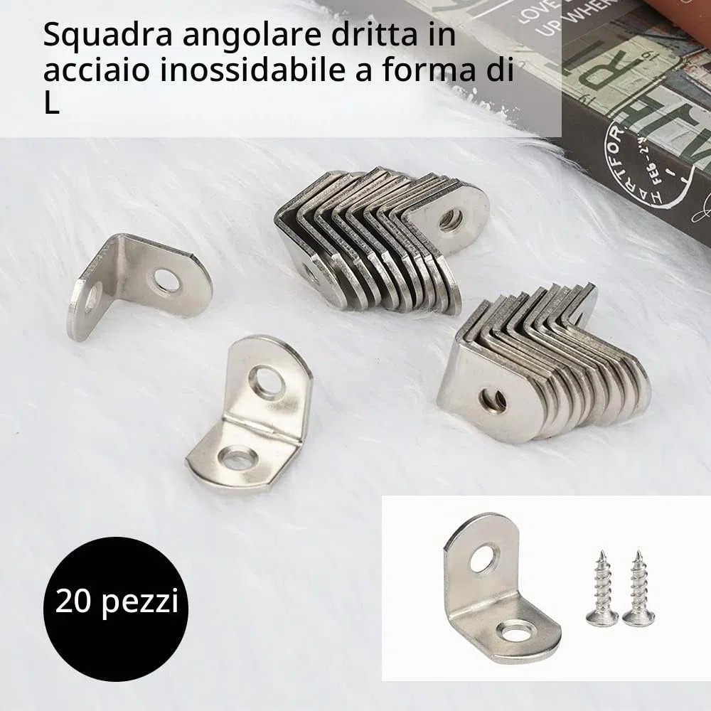 20 pezzi Staffe Angolari Inox, 90 Gradi Squadrette Angolari,Supporti Angolo | Staffe a l per Legno, 20x20 mm, con 40 pezzi Viti, Squadretta a L, per Tavoli, Sedie, Mobili in Legno, Argento