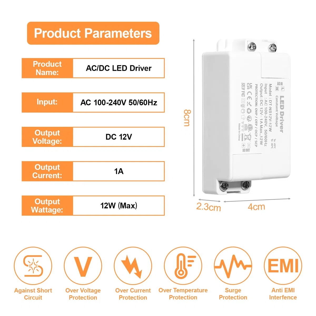 Trasformatore 220V 12v 12w, Alimentatore 12v 1 A, Trasformatore LED AC a DC, led driver 12 V, per G4, GU5.3, MR11, MR16, Lampade LED, Non dimmerabile, non sfarfallante, non rumoroso