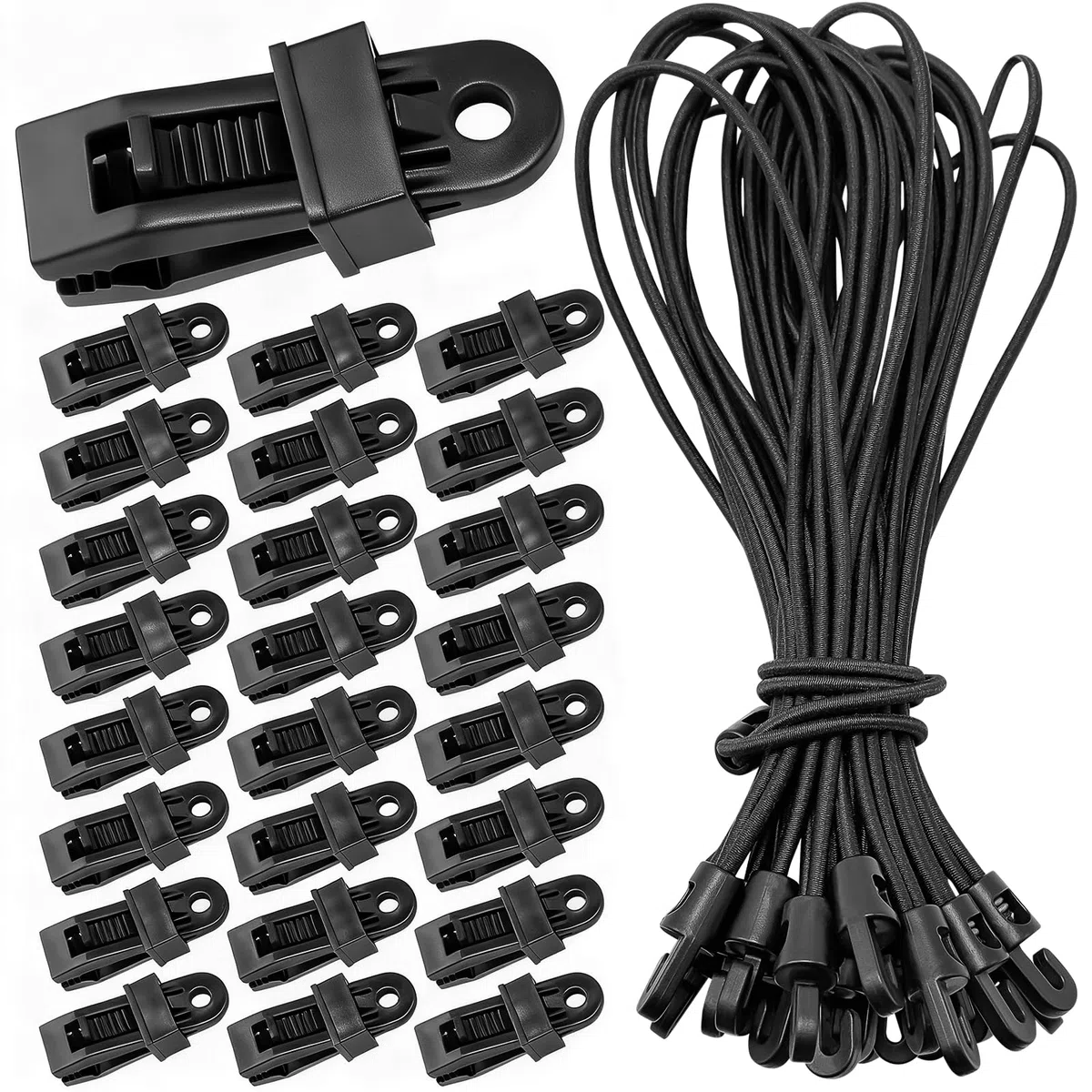 Set di 50 mollette per telone, 25 pezzi gomma per tendere con ganci e 25 tenda campeggio morsetto, fissaggi multifunzionali per amache, per amache, campeggio, picnic, escursionismo