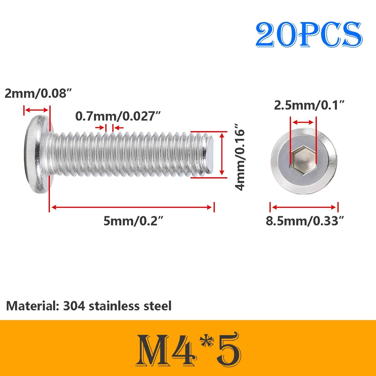 20 Pezzi Bulloni Completamente Filettati M4 x 5mm Viti a Esagono Incassato a Testa Piatta, Viti a Macchina Acciaio Inox 304