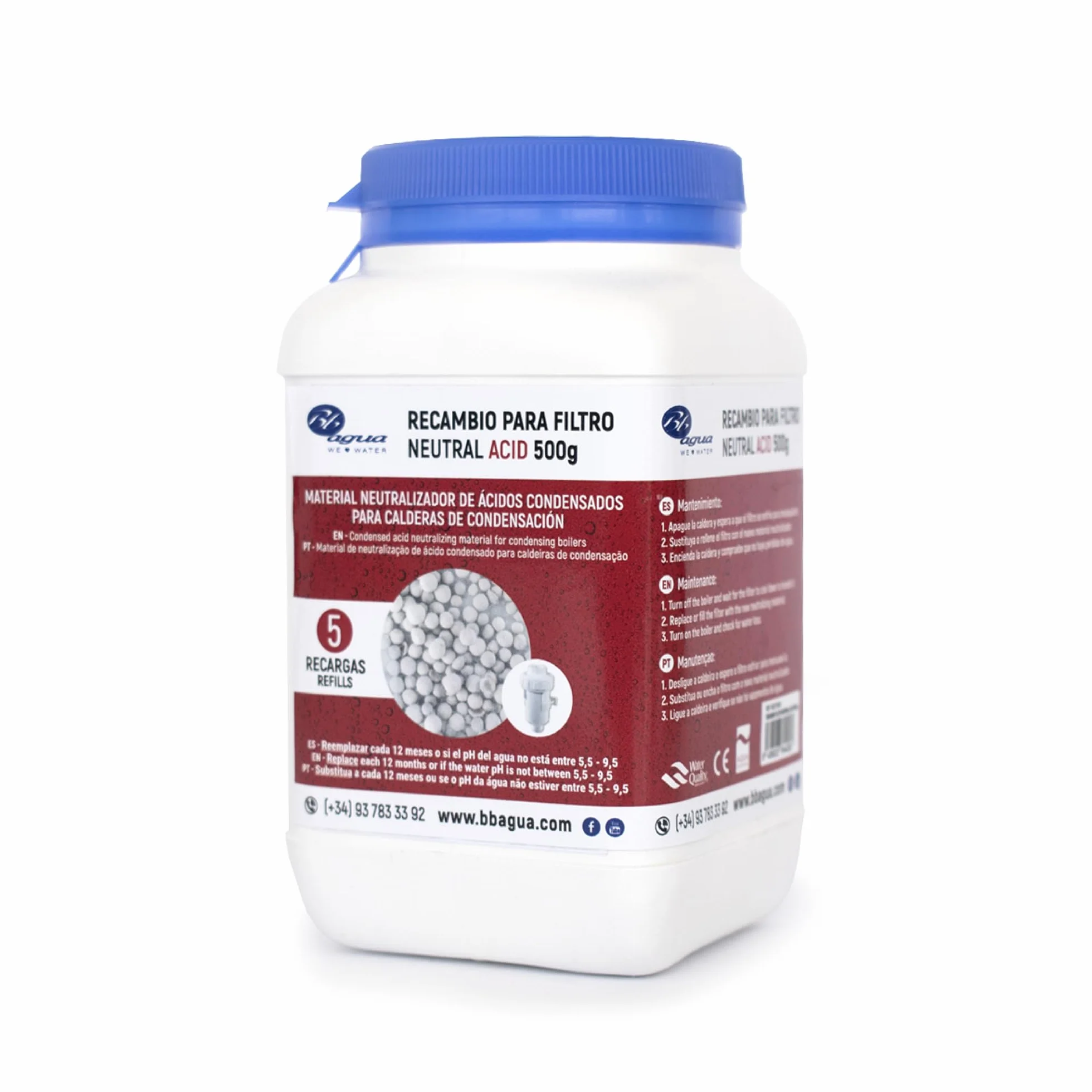 Materiale Neutralizzatore di Acido Condensato per Caldaia a Condensazione. Ricambio per filtro neutro acido della marca Bbagua. Confezione da 500 grammi. Bbagua.