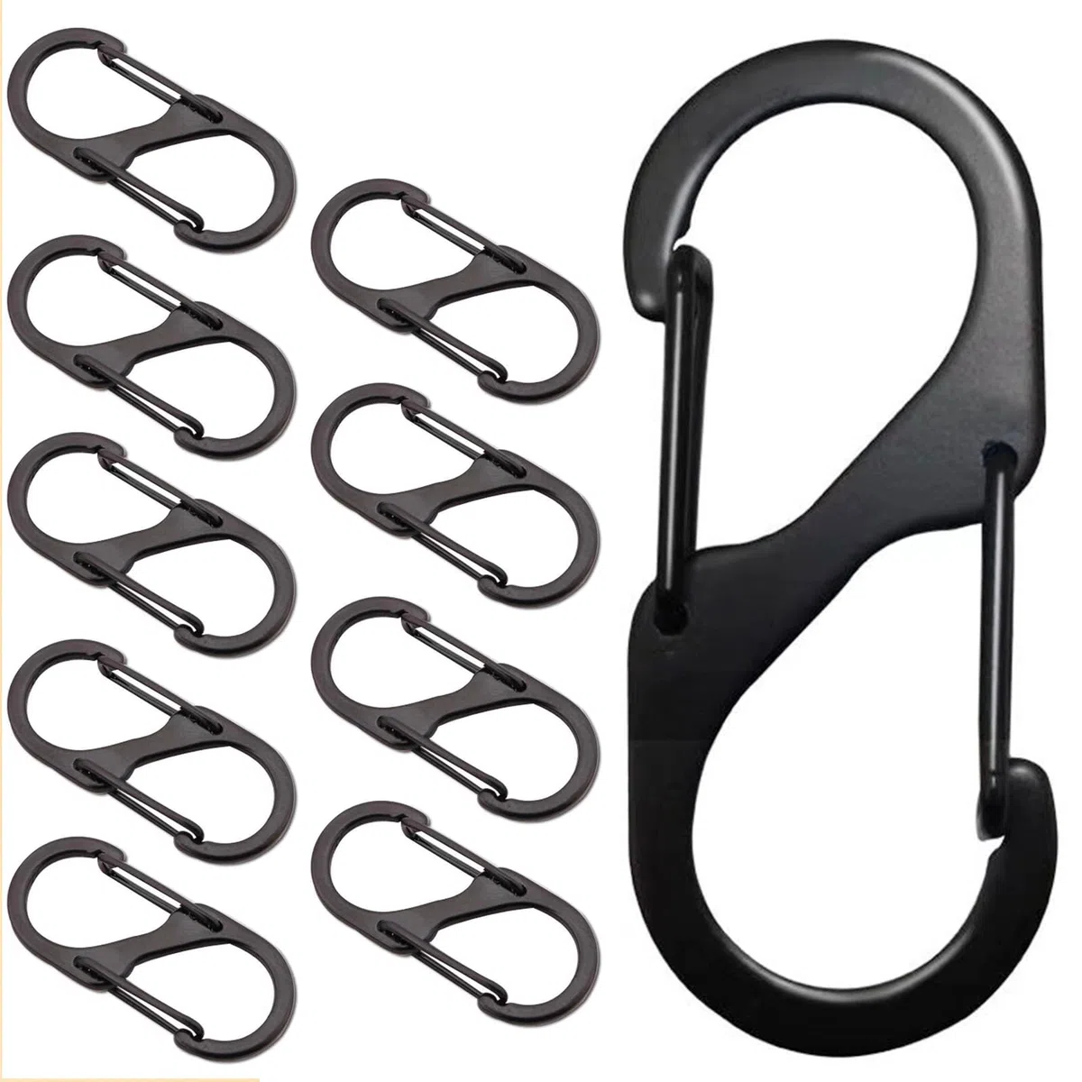 10 Mini Moschettoni Nero, Forma S, per Viaggi, Campeggio, Pesca