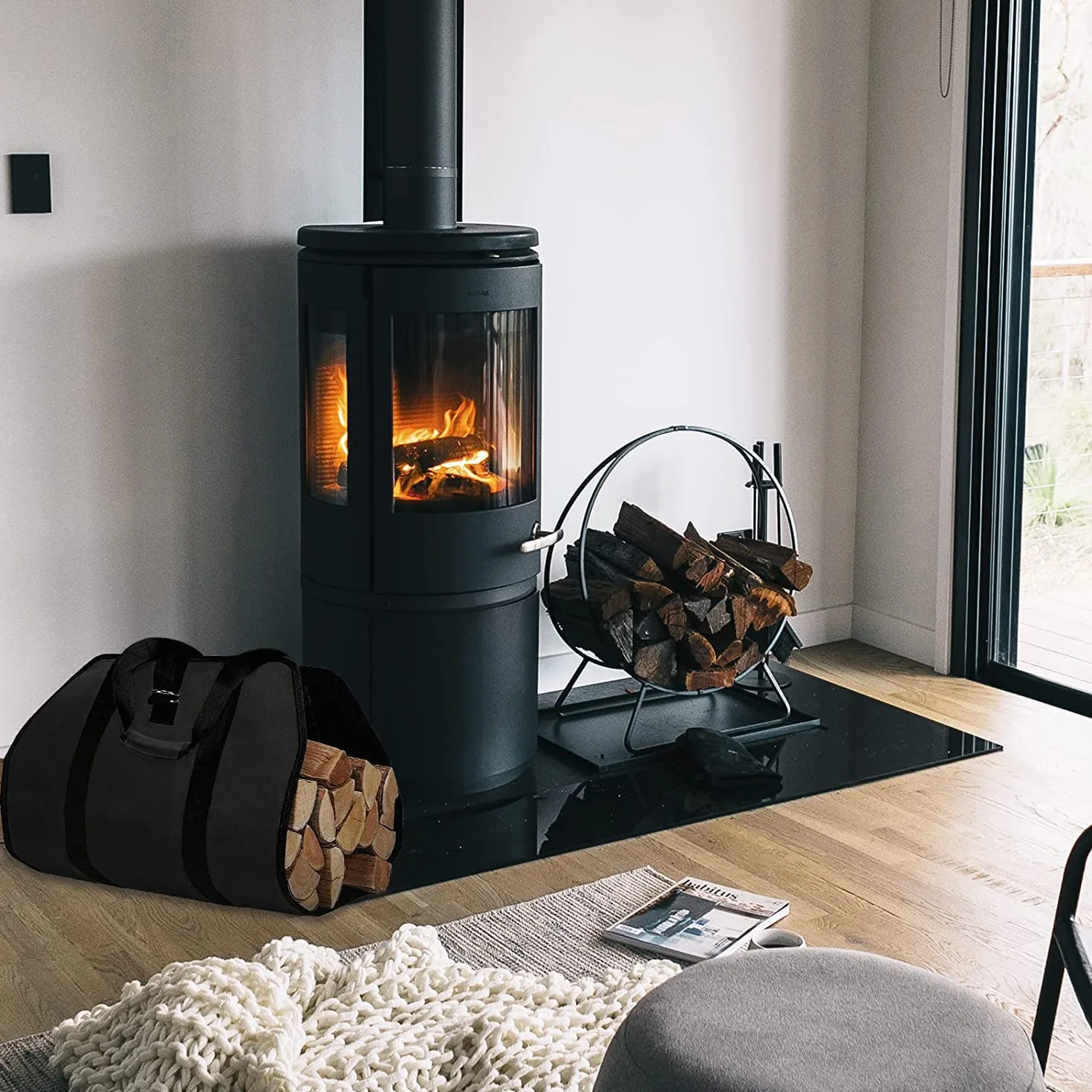 ZONSUSE Borsa per Legna da Ardere in Tela Impermeabile, Borsa Portatile per Legna, Sacca Pieghevole da Camino, Borsa porta Legna per Camino con Maniglie, per Stufe, Campeggio, Spiaggia (Nero)