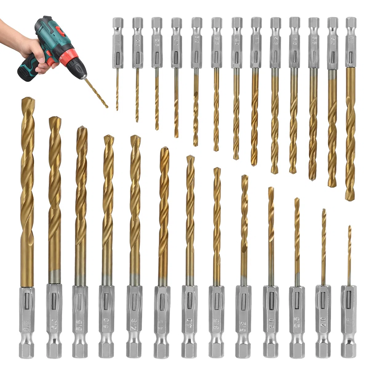 Set di 26 Punte da Trapano Rivestite in Titanio, Attacco Esagonale, in Acciaio ad Alta Velocità da 1,5 a 6,5 mm, Ideale per Trapano a Mano e a Percussione, per Metallo, Legno e Plastica