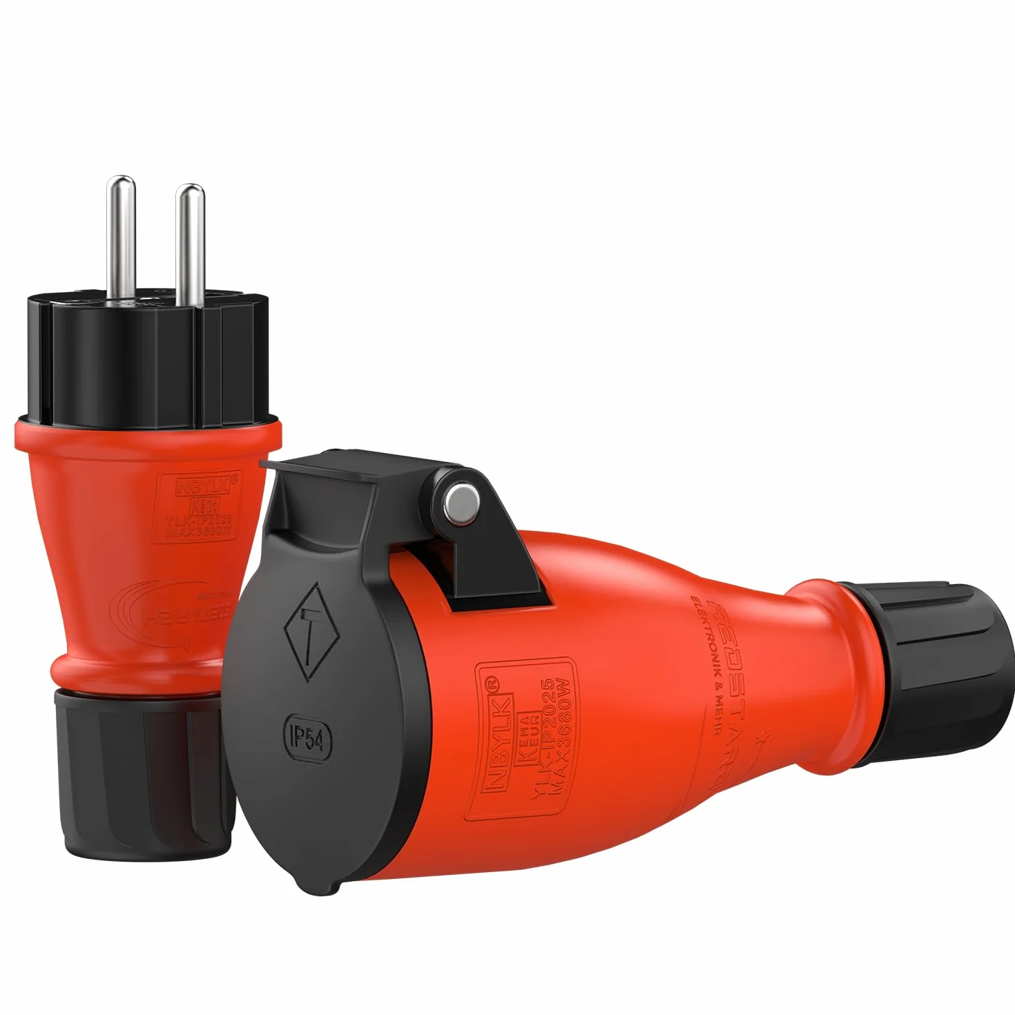 Set di spine e giunti in gomma Schuko / presa IP54 | Prolunga | gomma e plastica | per esterni / esterni | chiusura ermetica con sigillo, azionamento a una mano (Set, IP54)