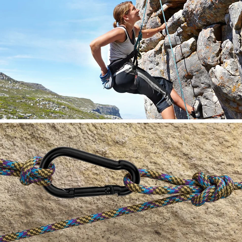 4 Pezzi Moschettone Nero Piccolo, Moschettoni in Acciaio Inox, Lega di Alluminio D Forma, Multifunzione per Cani Campeggio Escursionismo Pesca Viaggi