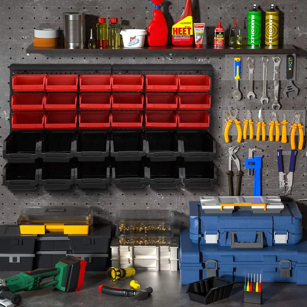 MONZANA® Pannello Preforato Portautensili 64 pz.95x54cm Box Impilabili Parete Attrezzata Officina Organizer Ampliabile Garage Pannello Porta Attrezzi Parete Pannelli Resistenti Sistema Organizzato