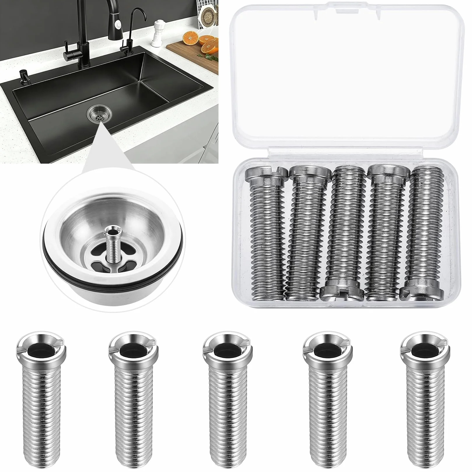 5 Pz vite Cava Tappo Lavandino Cucina, 45mm Vite a Spina in Acciaio Inox per Scarichi Valvola Filtro Lavello