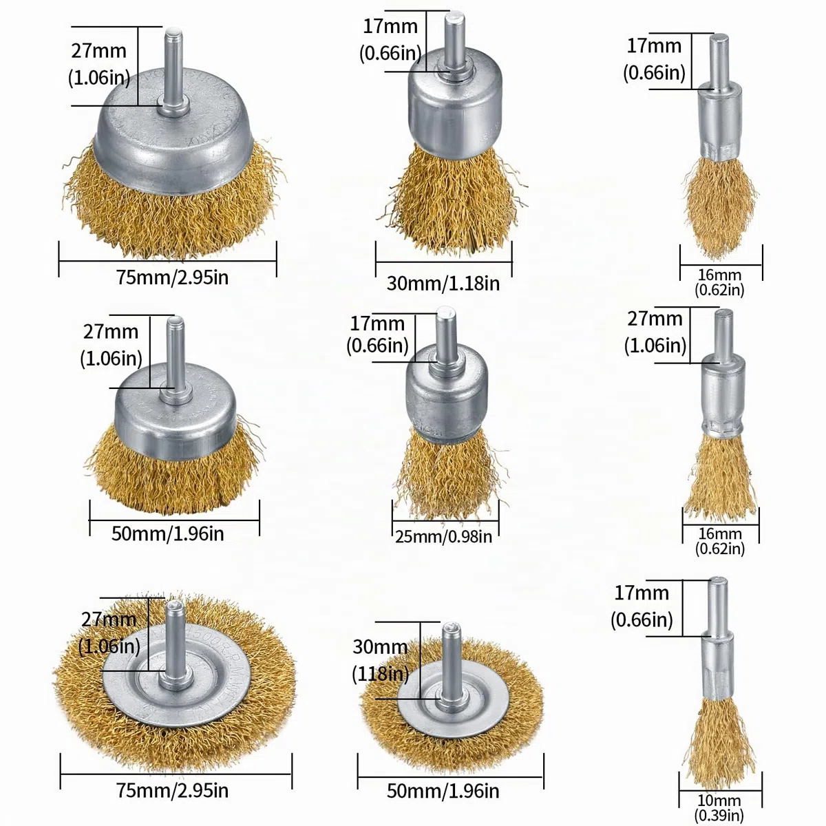 11 Pezzi Spazzole Metalliche per Trapano, Spazzola Ottone a Tazza per Ruggine Metallo Legno Trapano Smerigliatrice con 1/4 Pollice Gambo Filo Acciaio per Rimozione Ruggine/Corrosione/Vernice
