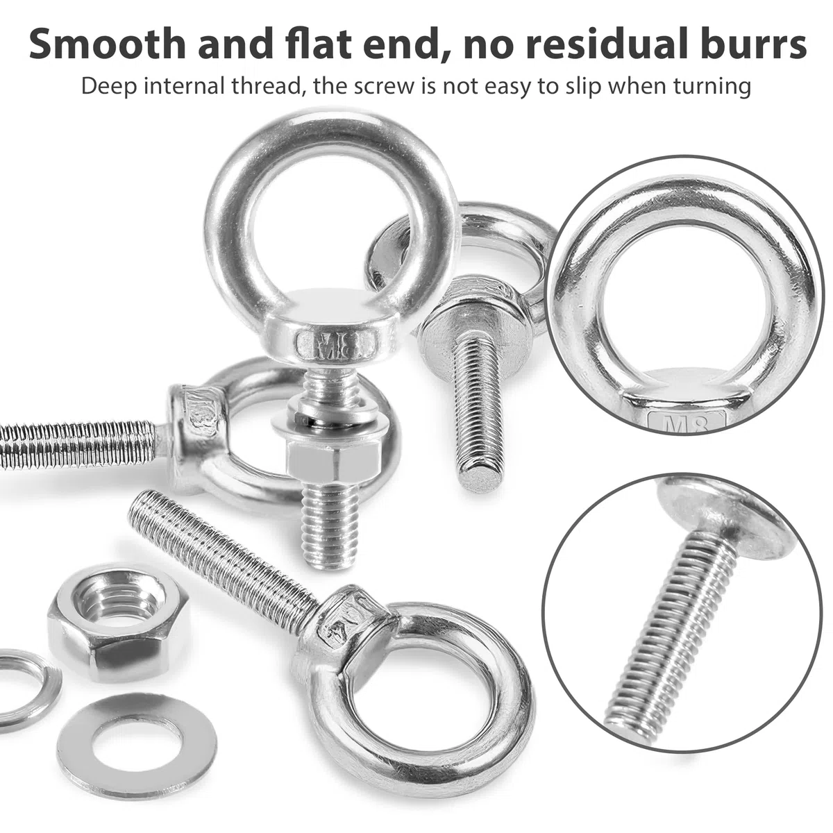 Vite ad anello M8, 4 viti ad occhiello in acciaio inox 304, con tappo a vite e rondelle, occhielli a vite, viti ad anello per il fissaggio, per appendere, interni, esterni