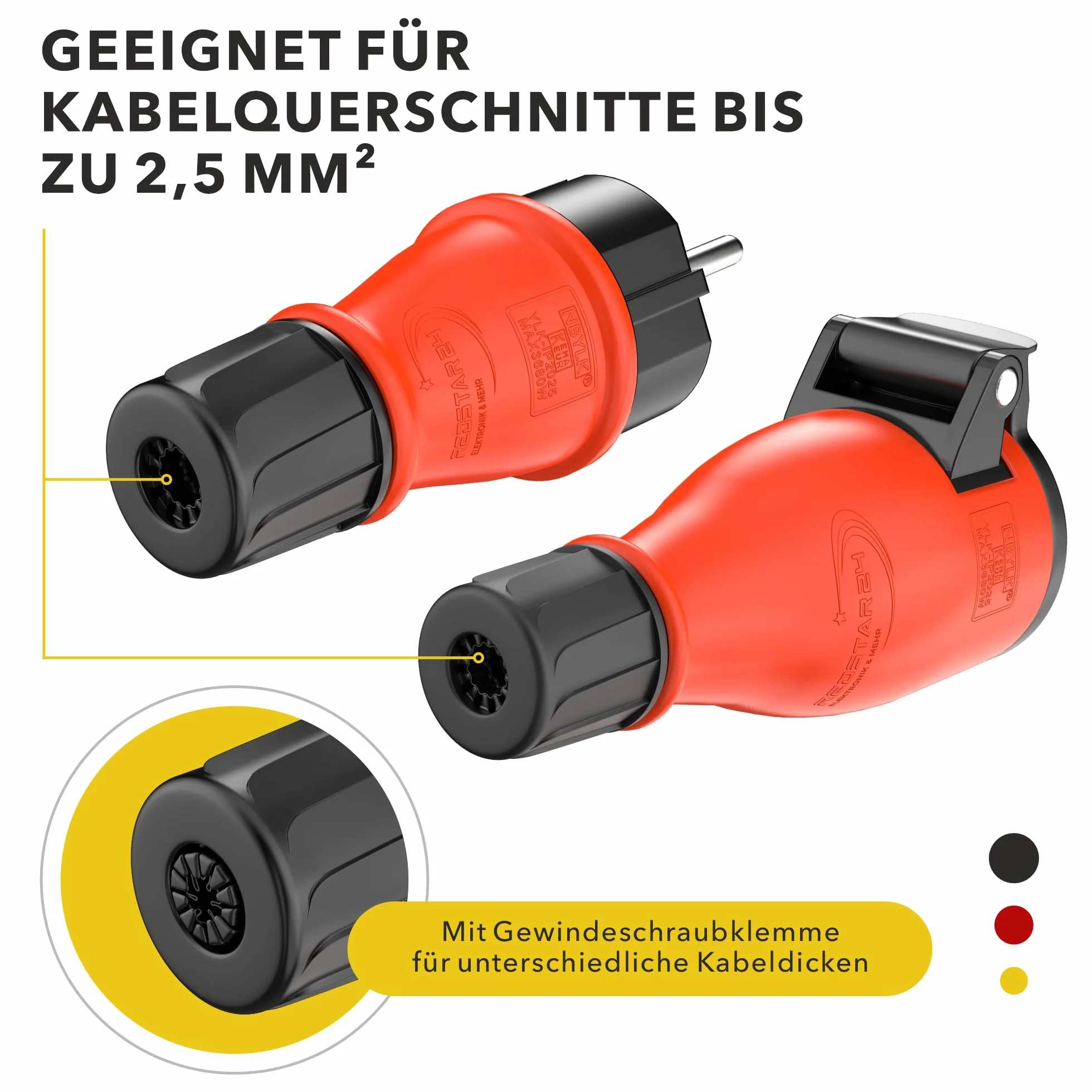 Set di spine e giunti in gomma Schuko / presa IP54 | Prolunga | gomma e plastica | per esterni / esterni | chiusura ermetica con sigillo, azionamento a una mano (Set, IP54)