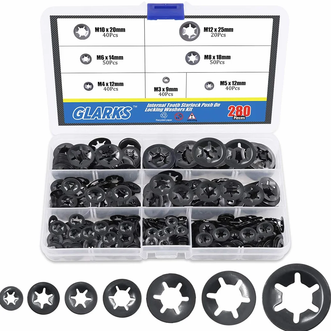 Glarks 280Pcs Dente Interno Star Lock Push On Rondelle di Blocco Clip di Velocità Fissanti Assortimento Kit