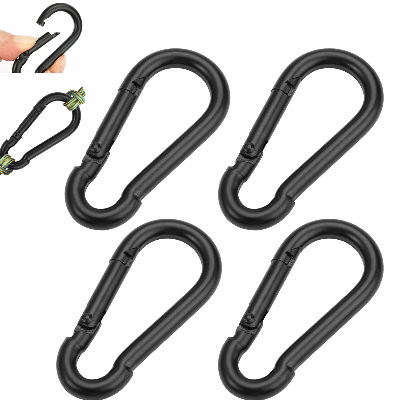 4 Pezzi Moschettone Nero Piccolo, Moschettoni in Acciaio Inox, Lega di Alluminio D Forma, Multifunzione per Cani Campeggio Escursionismo Pesca Viaggi