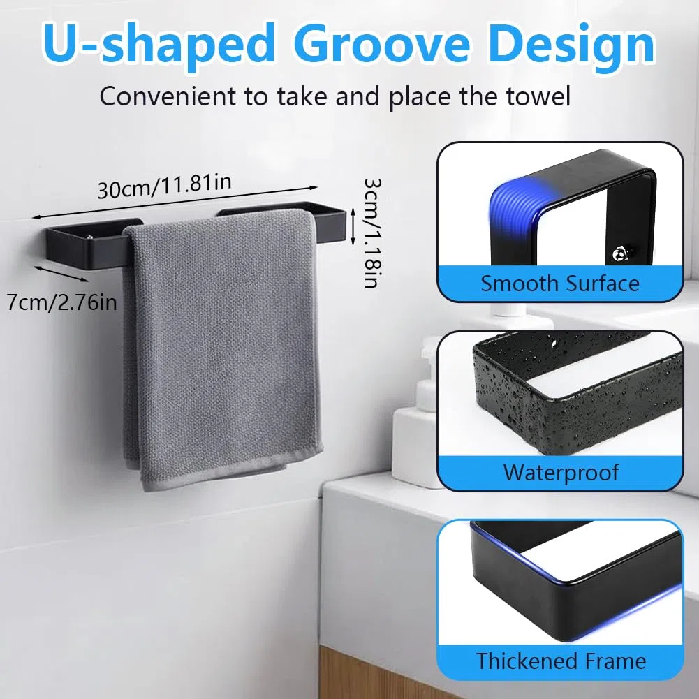 Portasciugamani Bagno Nero, Impermeabile, Antiruggine, Resistente all'Olio, Bagno Portasciugamani 30CM in Alluminio con Materiali di Installazione Inclusi, 2 Metodi di Installazione