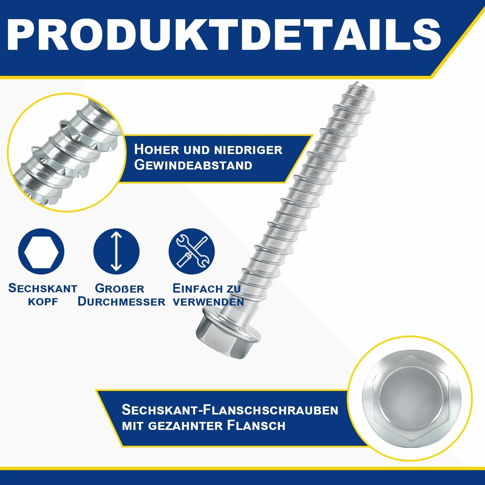 ORTAVA Viti per calcestruzzo testa esagonale M8 x 80, 20 pezzi vite per cemento zincato con disco per muratura, cemento, architettura, industria.