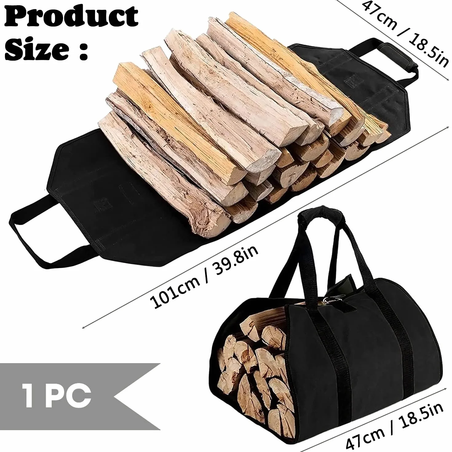 ZONSUSE Borsa per Legna da Ardere in Tela Impermeabile, Borsa Portatile per Legna, Sacca Pieghevole da Camino, Borsa porta Legna per Camino con Maniglie, per Stufe, Campeggio, Spiaggia (Nero)