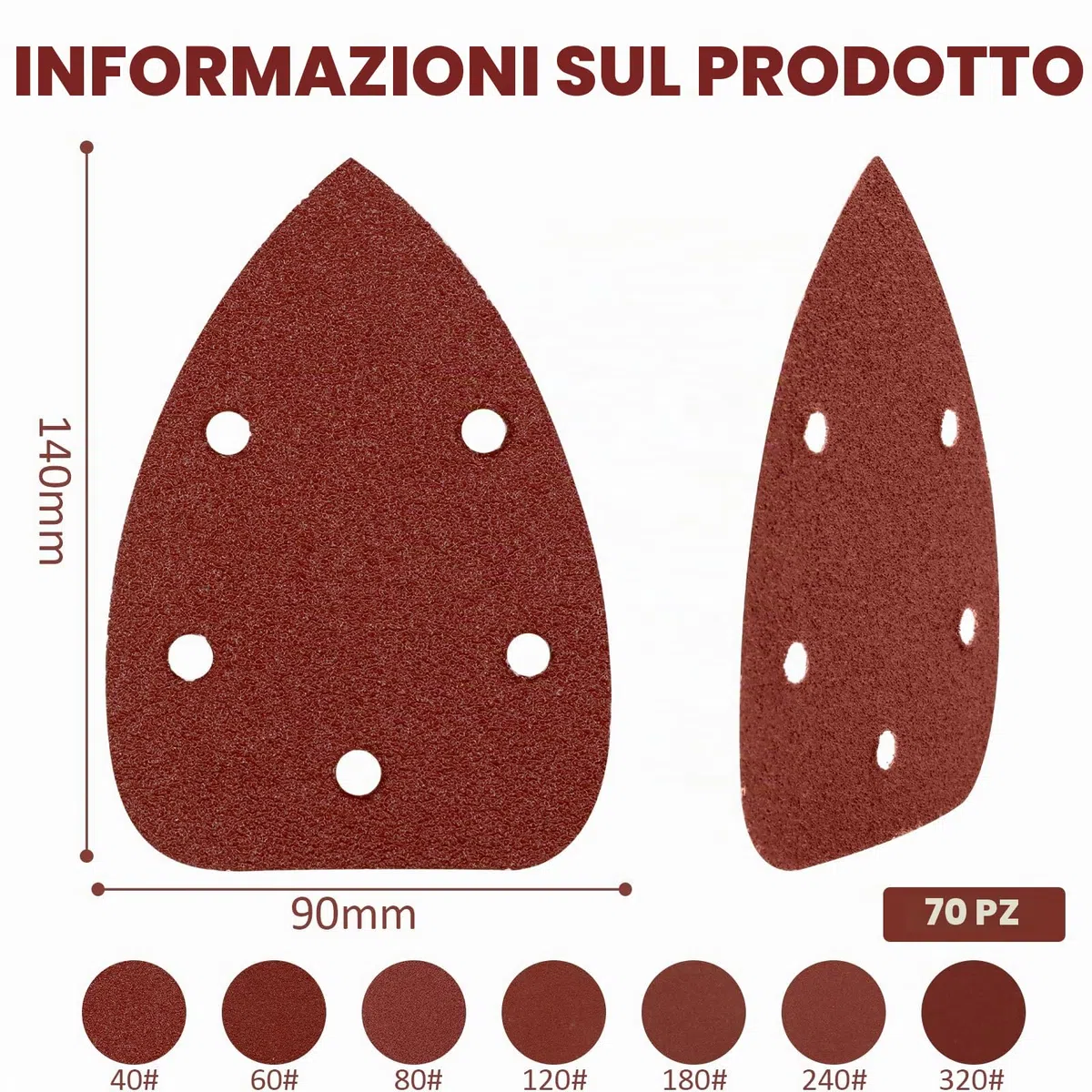 70 Pezzi Carte Abrasive Mouse Carta Vetrata, Triangolari Abrasivi con 5 Fori Grana 40/60/80/120/180/240/320 per Levigatore per Levigatura Lucidatura