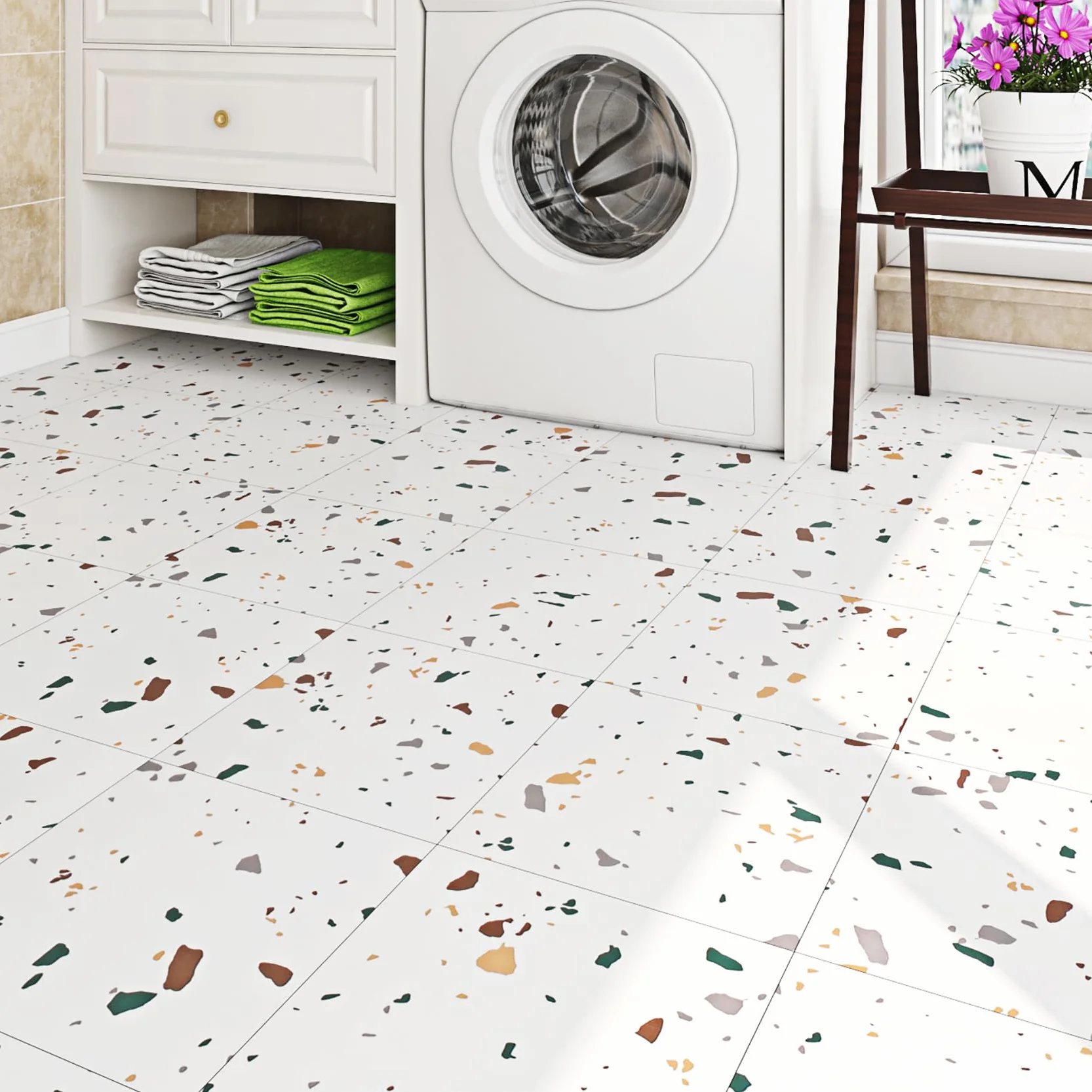 Livelynine Pavimento PVCAdesivo Effetto Granito Piastrelle Adesive Cucina 30X30 Parquet Bianco Lavabile Mattonelle per Cucina Bagno Soggiorno Stanza