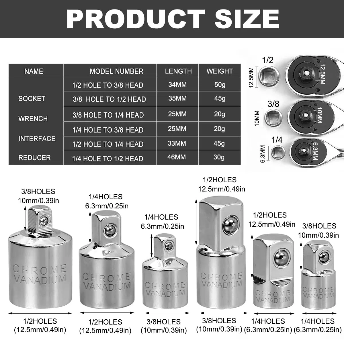 6 Pezzi Set di Adattatori per Bussole,Adattatori per Chiavi a Bussola,Adattatore per Chiave a Cricchetto,da 1/2" à 1/4", da 1/2" a 3/8", da 1/4" à 1/2", da 1/4" a 3/8", da 3/8" a 1/2", da 3/8" a 1/4"