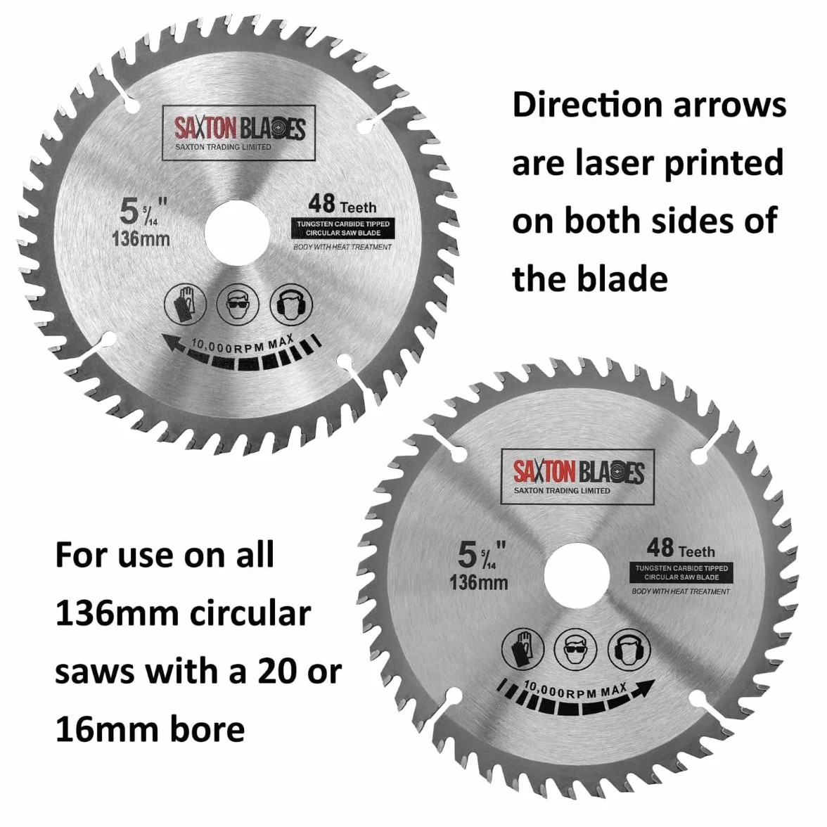 Saxton TCT - Lama per sega circolare per legno, 136 mm x 20 mm (anello da 16 mm) x 48 denti, compatibile con Bosch Makita ecc
