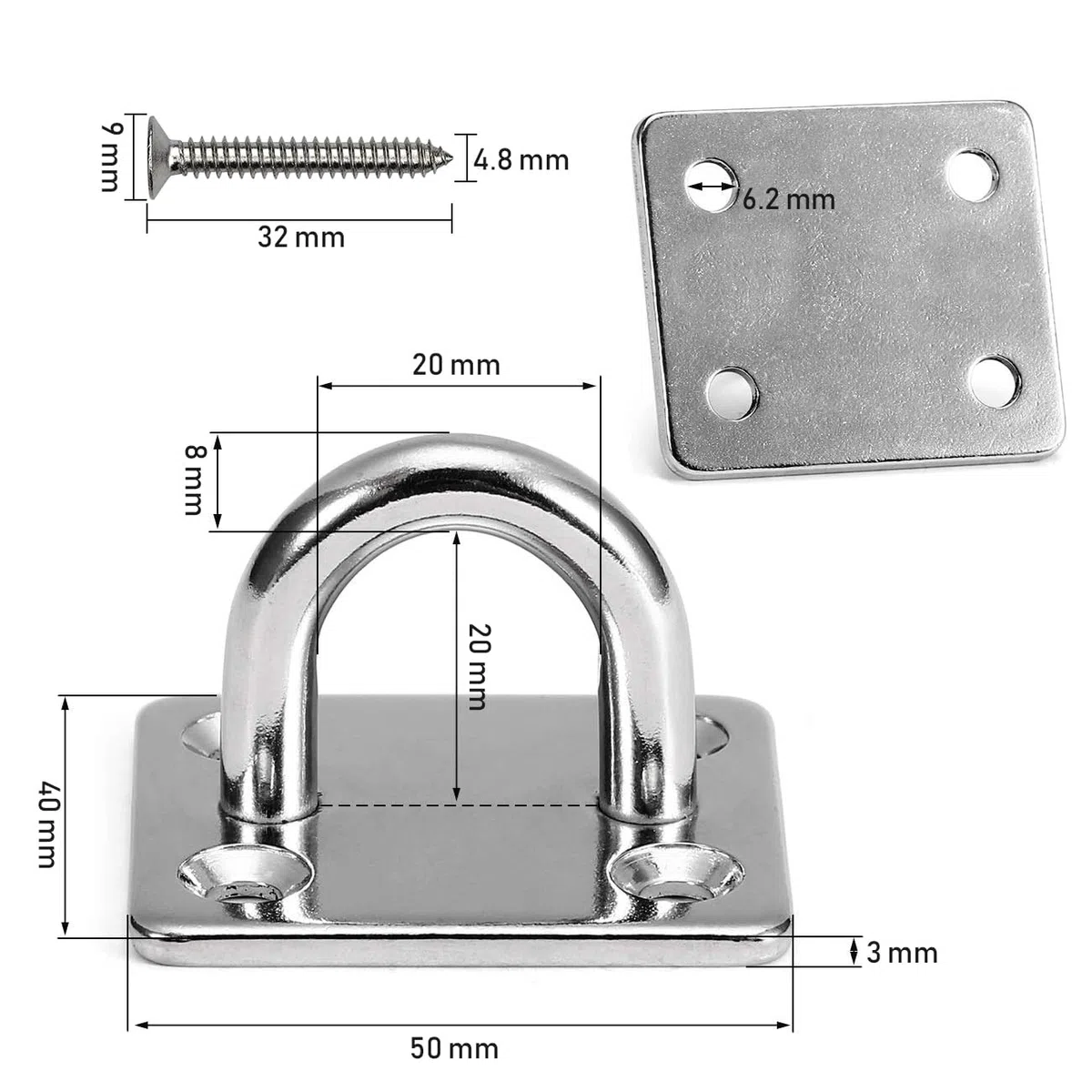 Piastre per Occhielli in Acciaio Inox, 2 Pcs M8 Piastra con Occhiello Gancio da Muro, per Ponti della Nave (Quadrato)