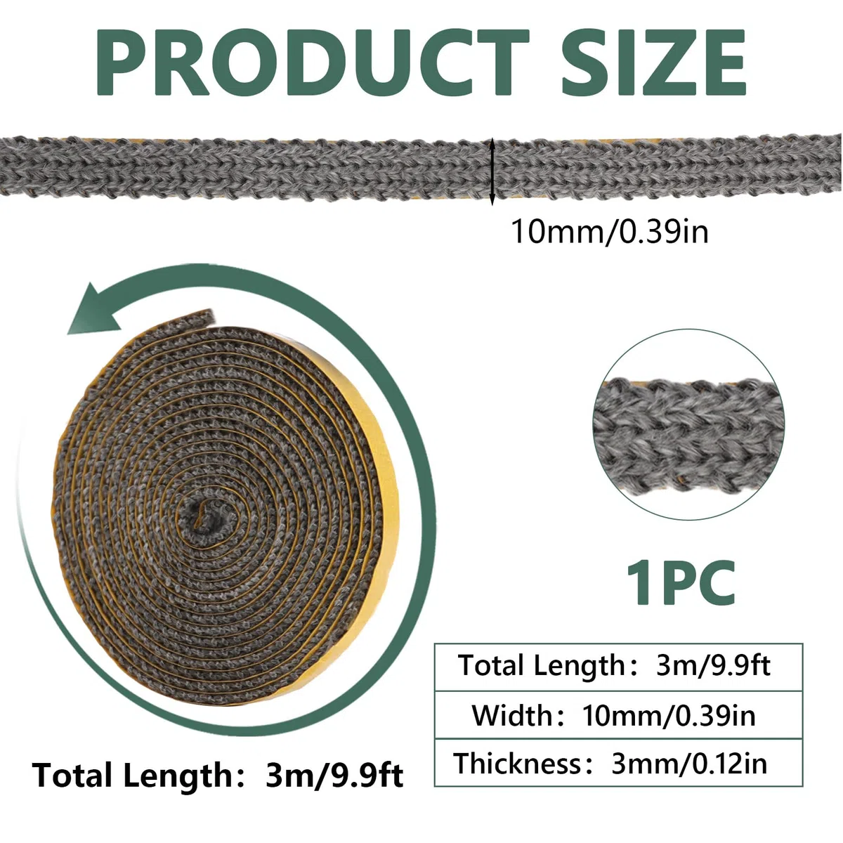 Guarnizione Stufa a Legna, 3m × 10mm × 3mm Guarnizione Autoadesiva Inserto Camino a Legna, Guarnizioni in Fibra di Vetro per Stufa/Camino/Porta del Forno, Resistente al Calore 550 Gradi Celsius