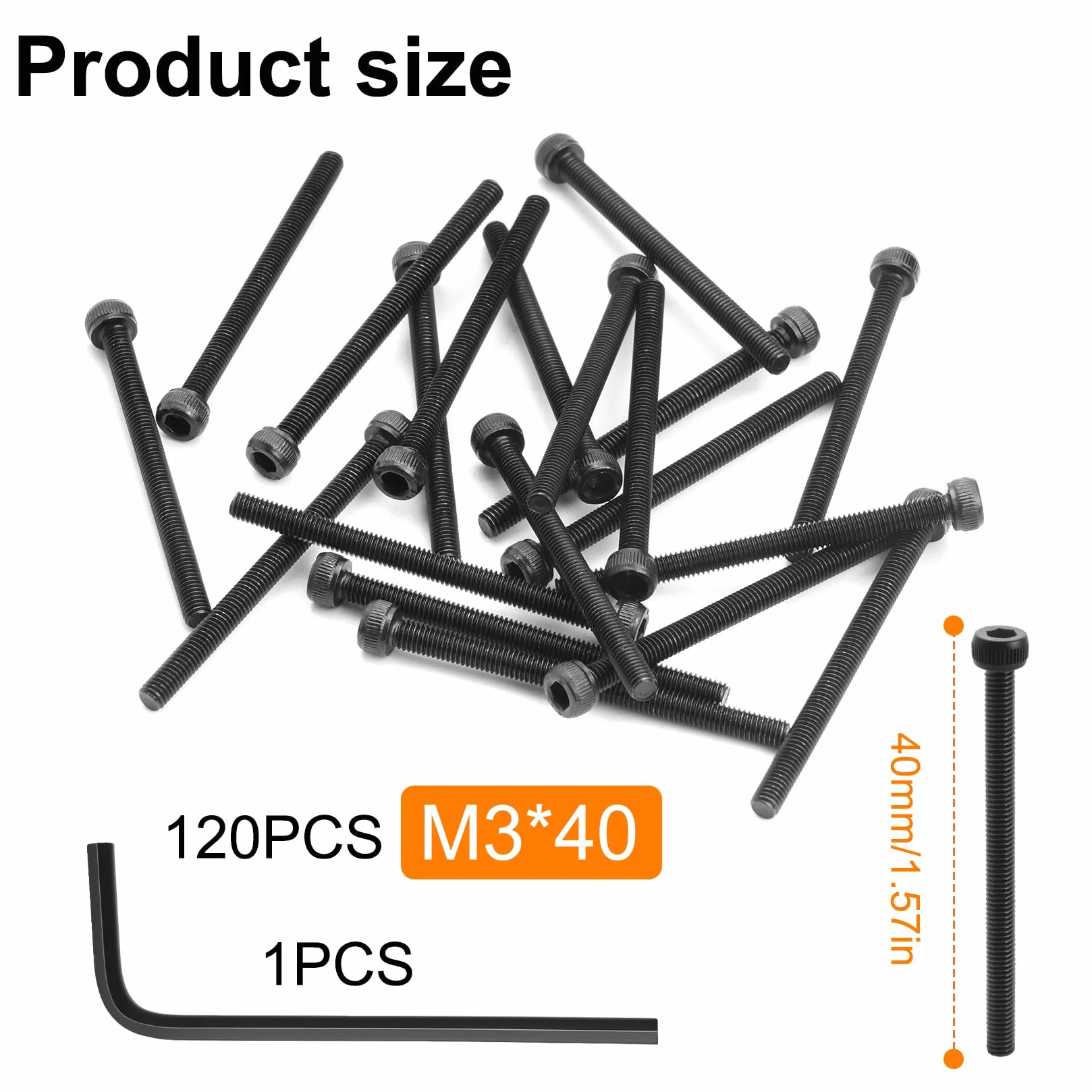 120 Pz Set di Viti M3, Viti a testa cilindrica con esagono incassato M3 x 40 mm, Bulloni a testa esagonale nere completamente filettate, con chiave