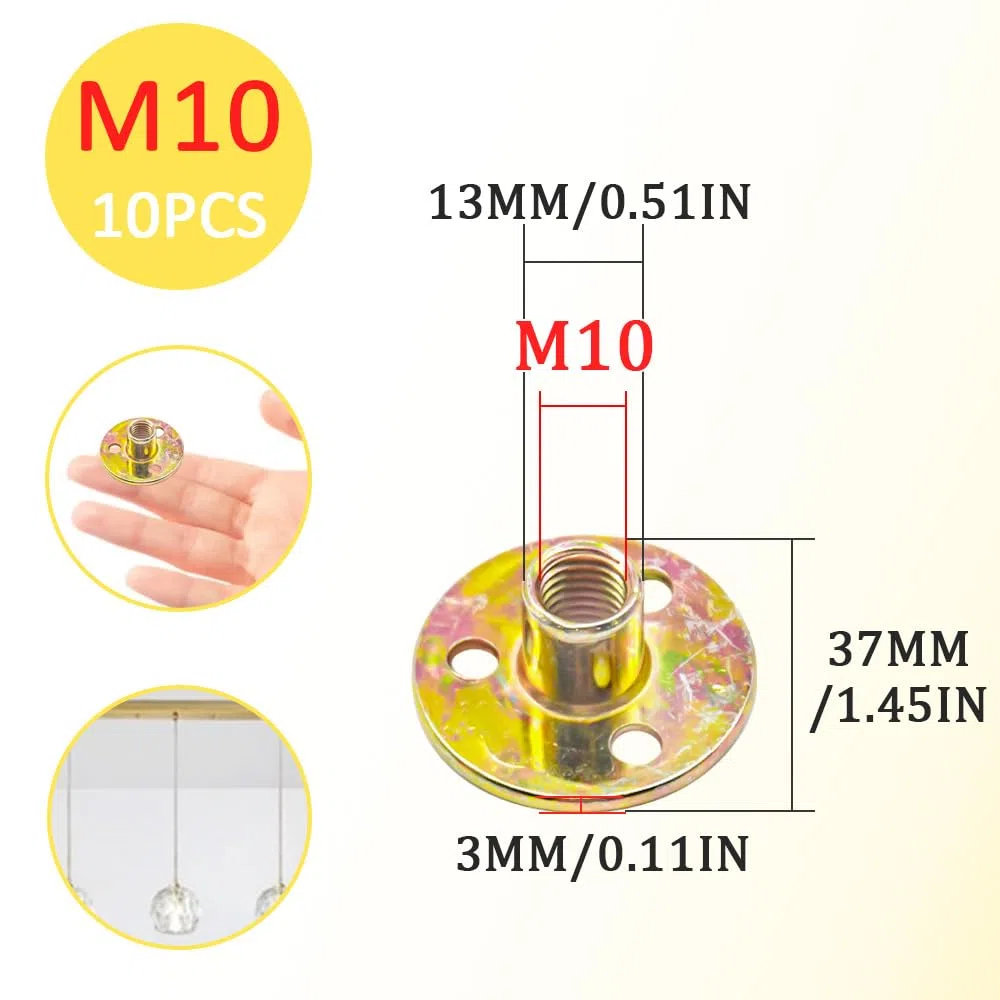 10 Pezzi 3 Fori Dado Flangiato,M10,Base rotonda T-Nut,Dado a T Con Foro Bavato,Round Base Screw-in T-Nut Per Fissaggio Mobili di Collegamento.(I/M10/TLM)