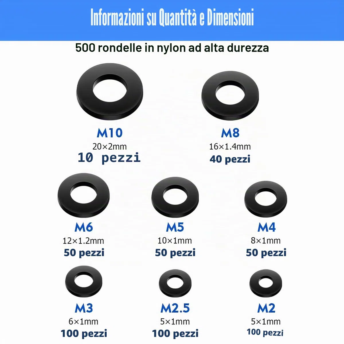 500 Pezzi Rondelle in Nylon, Rondella Piatta Plastica Assortimento Kit, Rondelle di Tenuta Circolare Isolante, Nero, M2/M2.5/M3/M4/M5/M6/M8/M10, per Fissaggi Guarnizioni Rondella