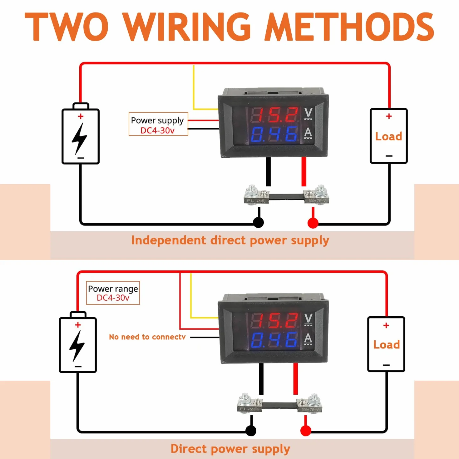 100A DC 0-100 V Amperometro digitale a LED da 0,28" Voltmetro con shunt, rivelatore rosso misuratore di corrente