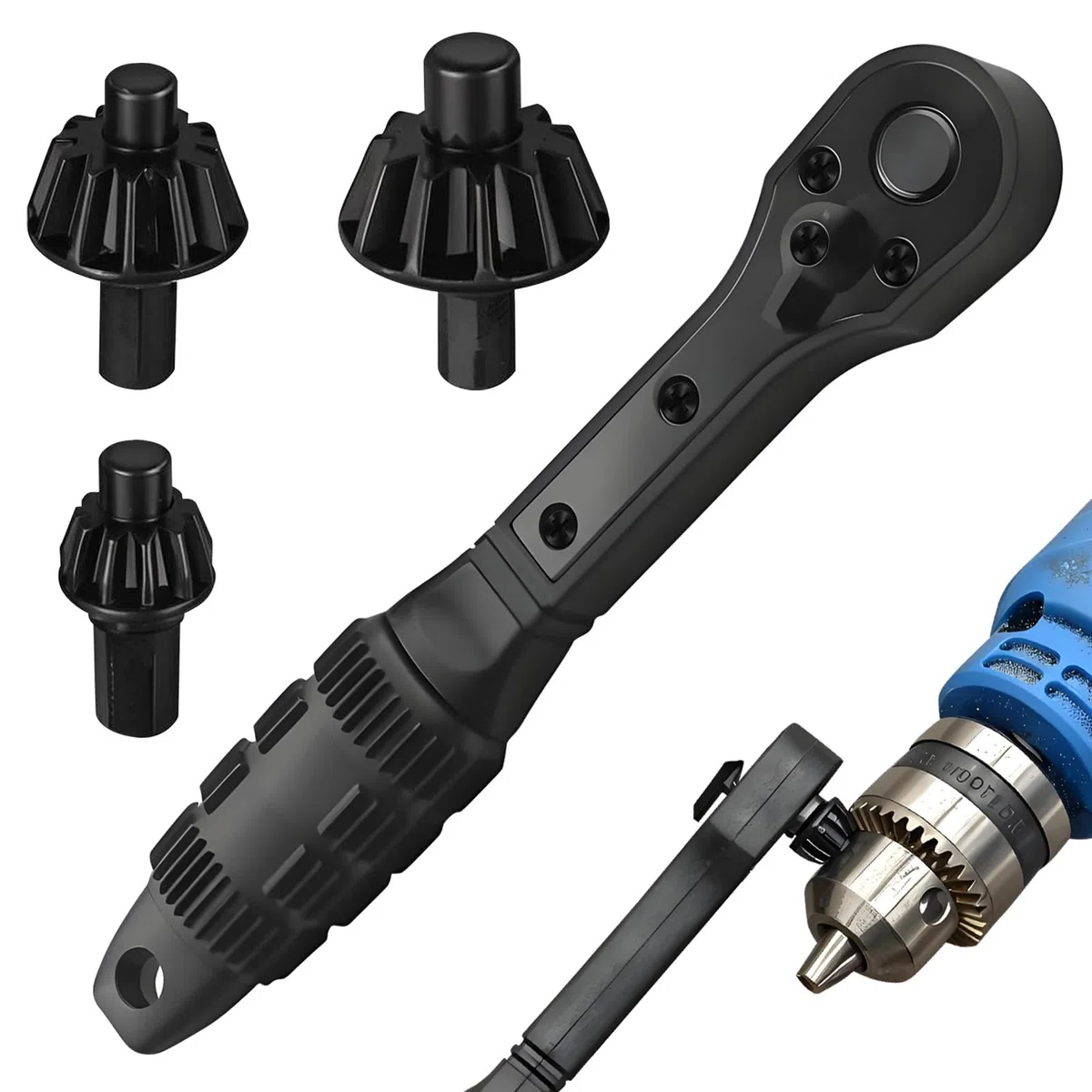 Mandrino per trapano a doppia testa, chiave a cricchetto, impugnatura comfort con 3 ingranaggi di ricambio, serraggio, allentamento, punte, utensili di serraggio per utensili elettrici