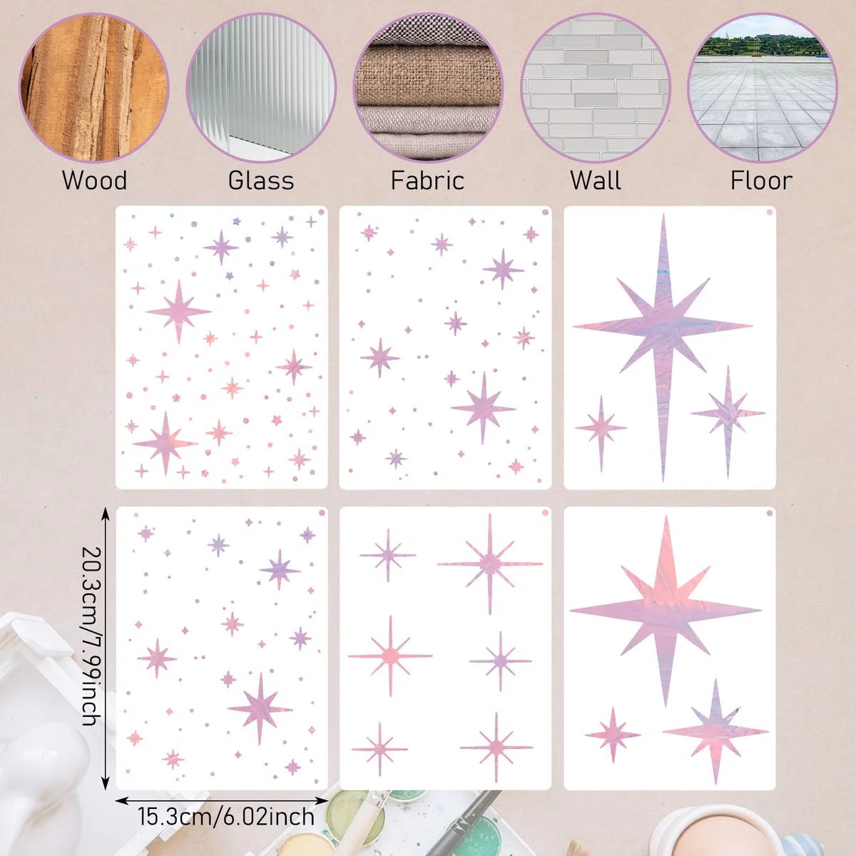 6 stencil grandi a forma di stella per pittura, stencil riutilizzabili per aerografo, stencil per disegno a parete, legno, tessuto, soffitto, decorazione per la casa