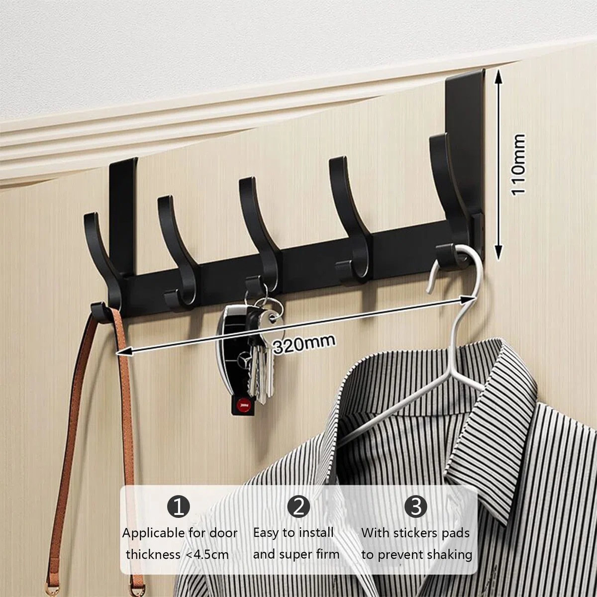 Appendiabiti da Porta Nero , Ganci Appendiabiti per Porta con 5 Ganci, Attaccapanni da Porta Senza Forare Gancio Porta Adatto per Camere da Letto Bagni