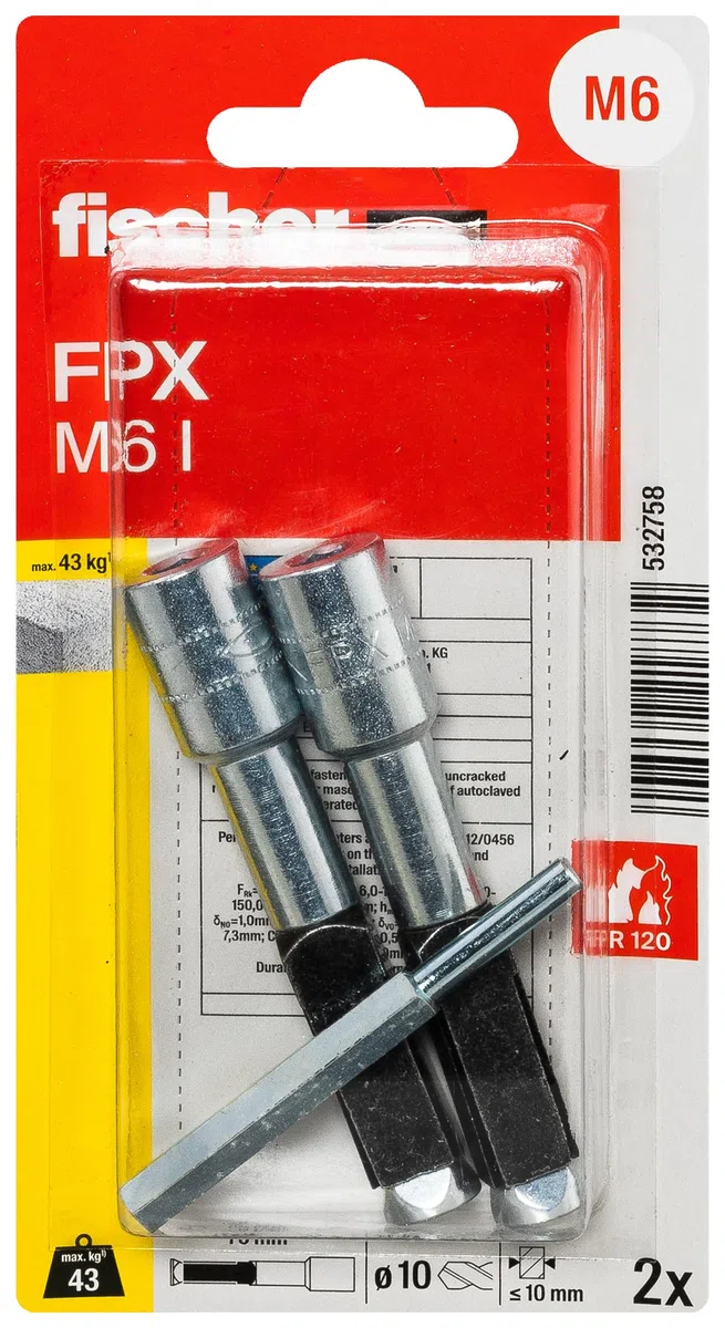 fischer Ancoraggio per calcestruzzo aerato FPX-I M6, filettatura interna con 4 espansioni per fissaggio in calcestruzzo aerato, facile da montare, elevata capacità di carico, approvato ETA, 2 pezzi