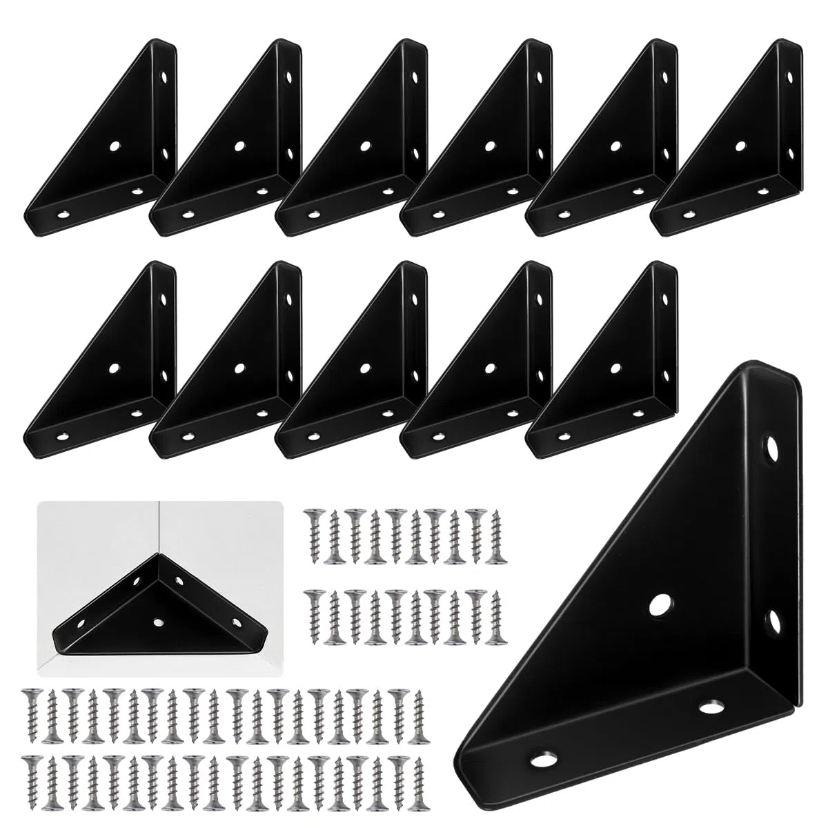 Squadrette Angolari di Supporto Triangolo, 12 pezzi Angolari Metallo per Legno, Staffe Angolari a 90 Gradi, Squadrette Angolari Nero, Staffa Angolare, Utilizzare per Stabilizzare Letti, Armadi