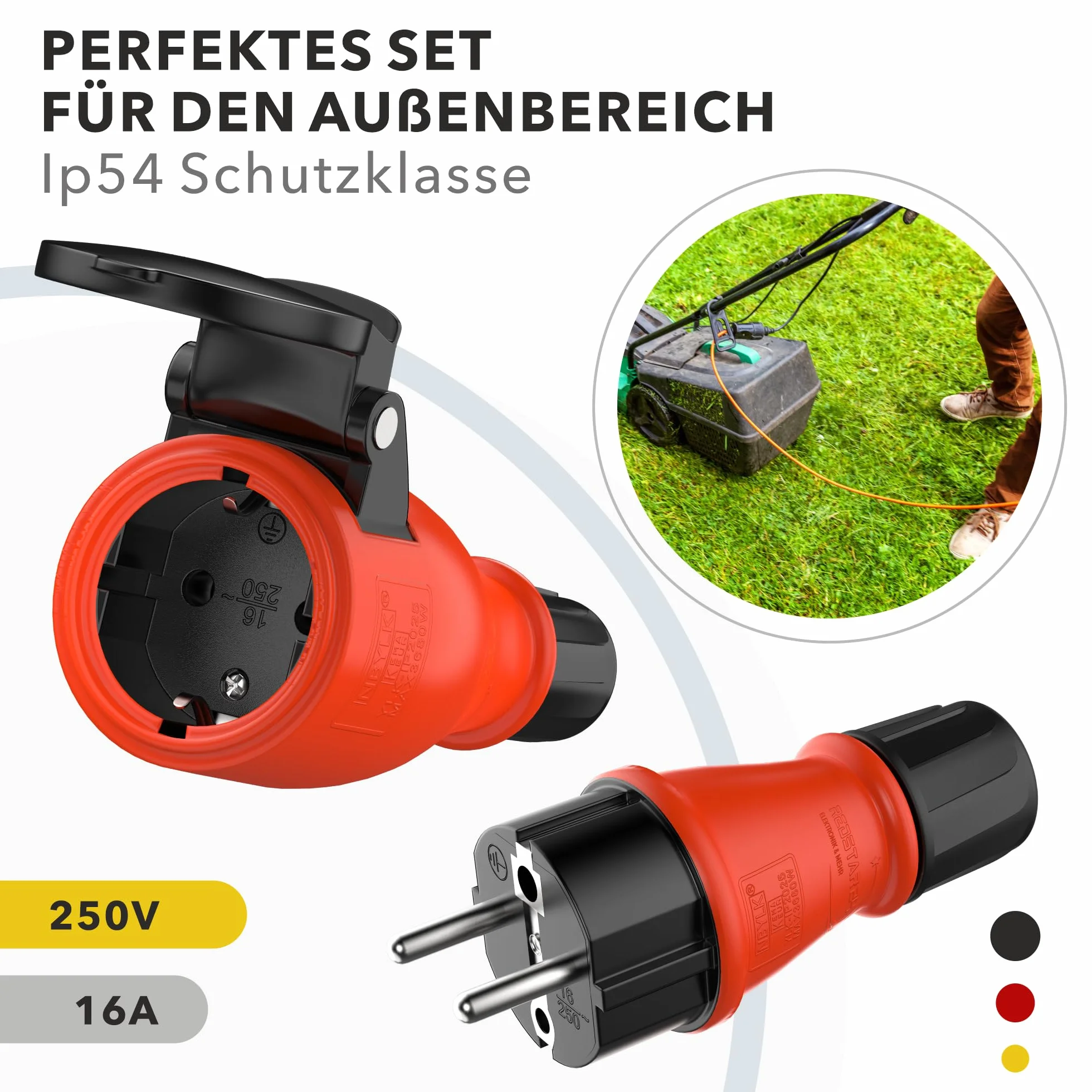 Set di spine e giunti in gomma Schuko / presa IP54 | Prolunga | gomma e plastica | per esterni / esterni | chiusura ermetica con sigillo, azionamento a una mano (Set, IP54)